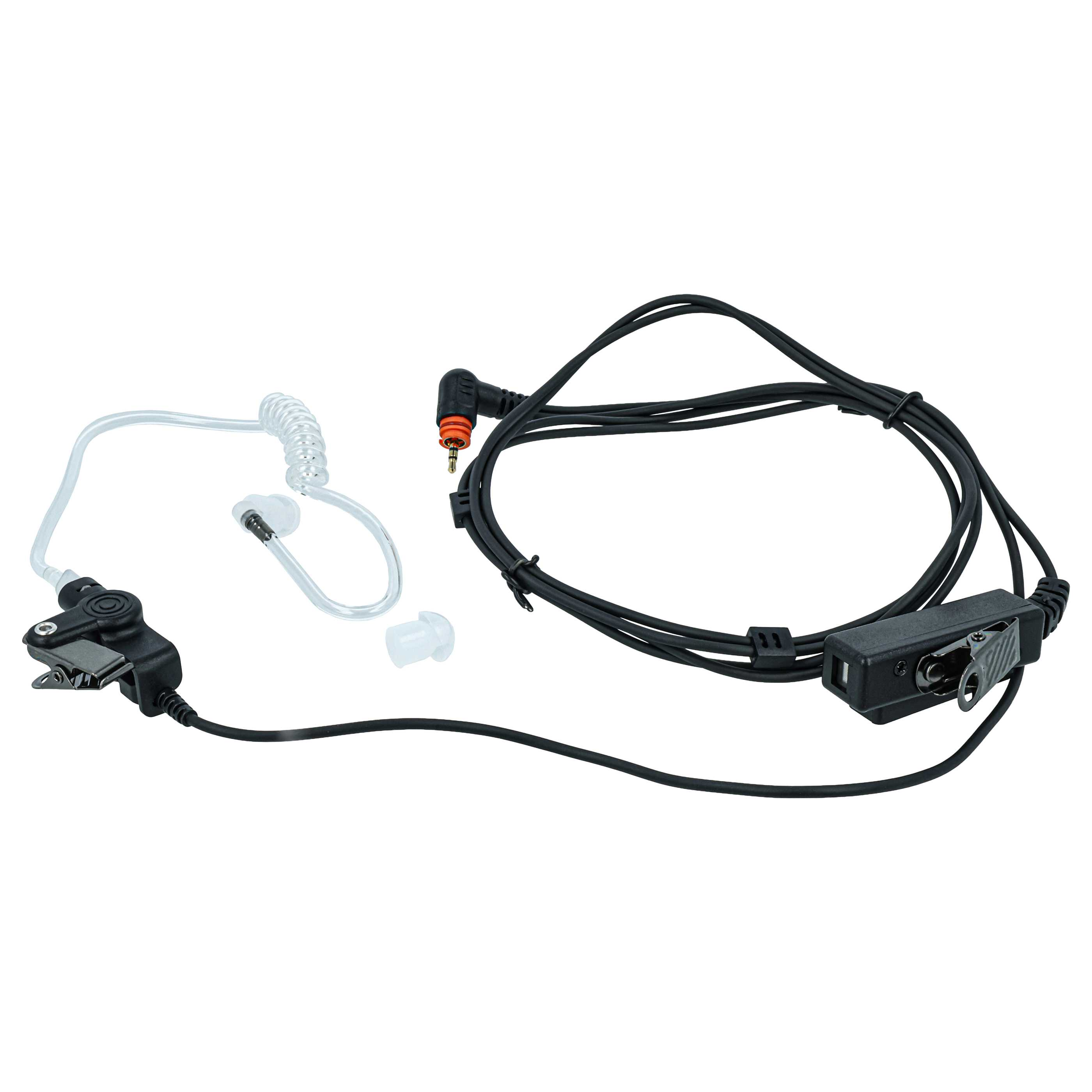 Ein schwarzes Headset mit einem transparenten Schlauch, Ohrstöpsel und einer Klemme.