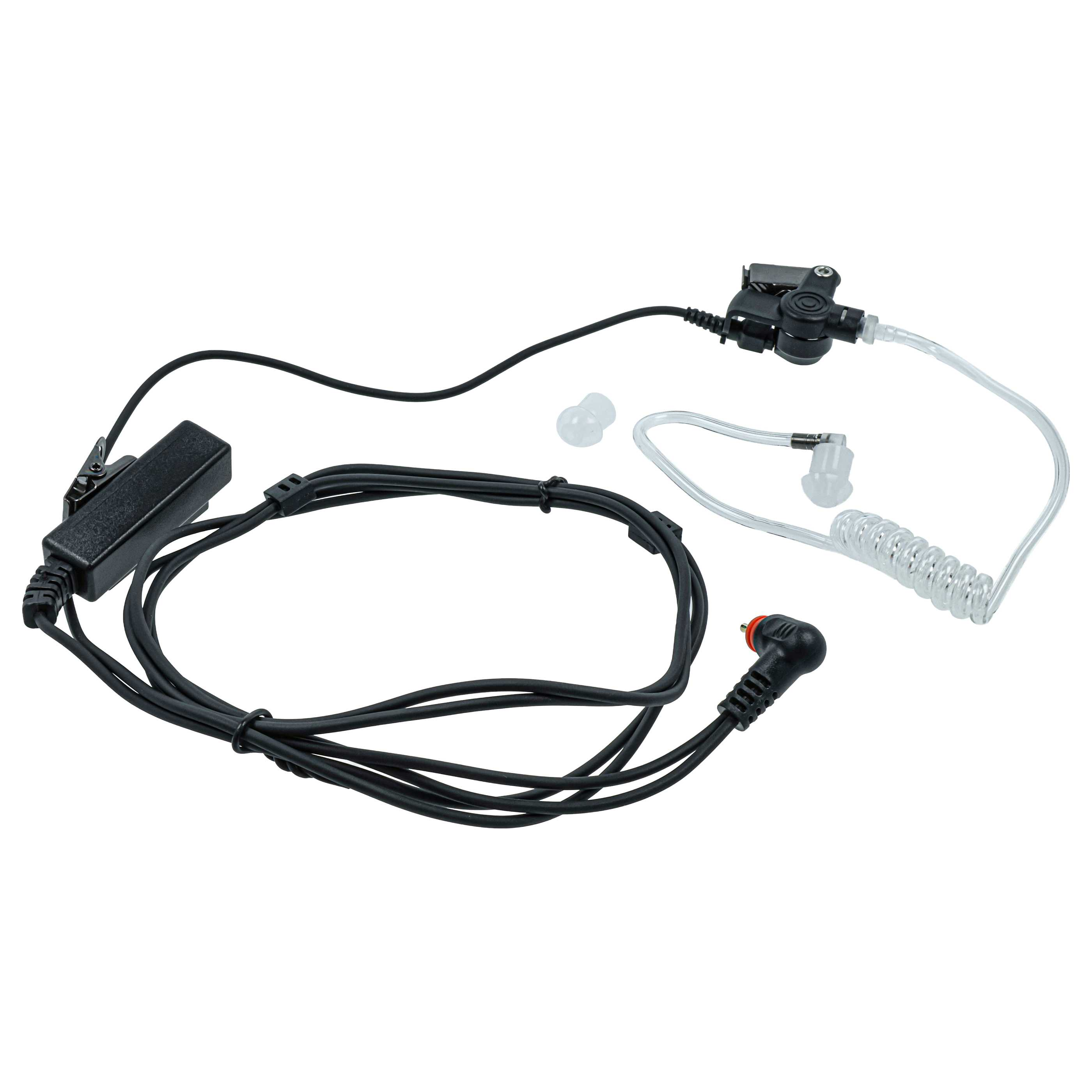 Schwarzes Headset mit Ohrhörer, Mikrofon und Kabel auf weißem Hintergrund.