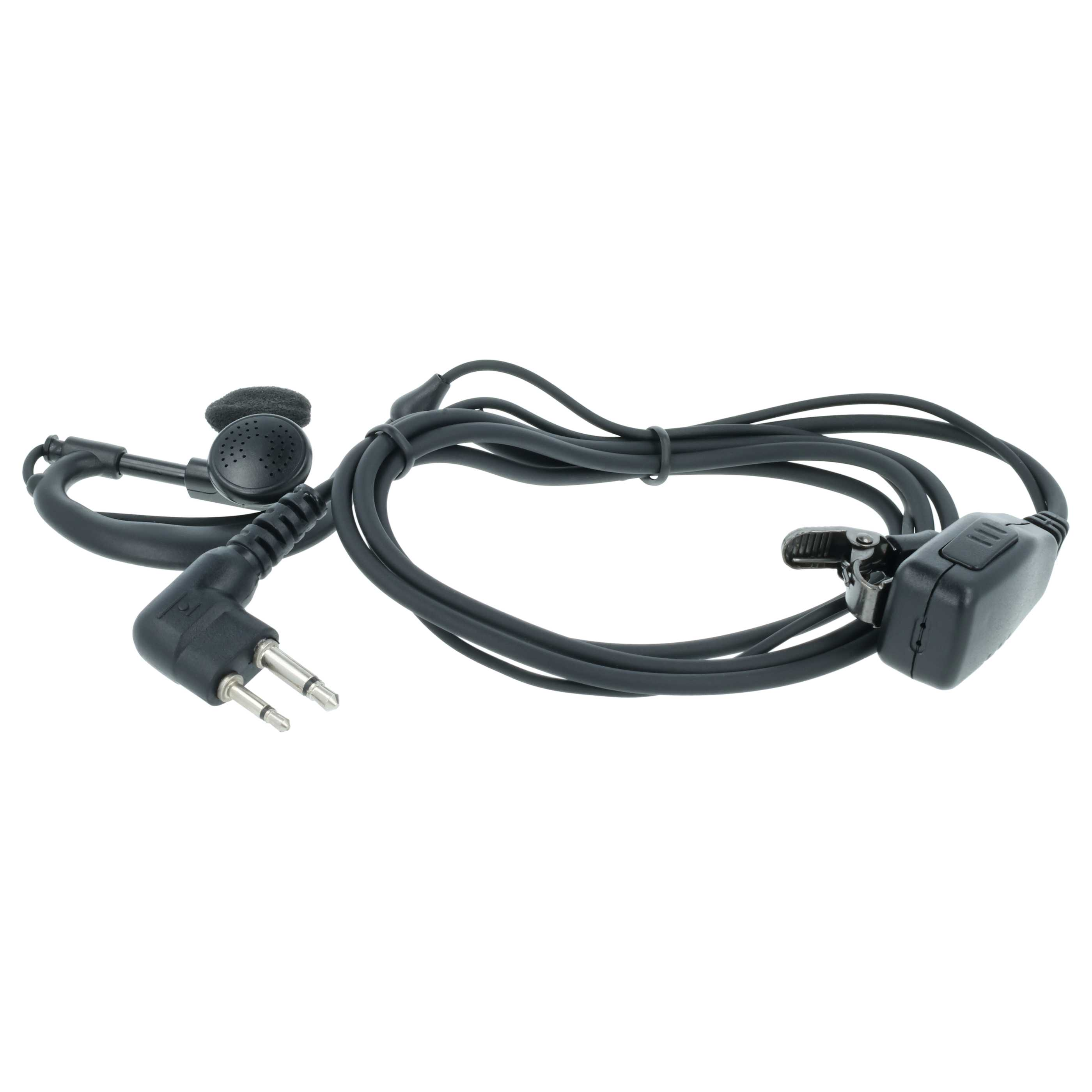 Schwarzes Headset mit zwei Pins, Mikrofon und Ohrhörer.