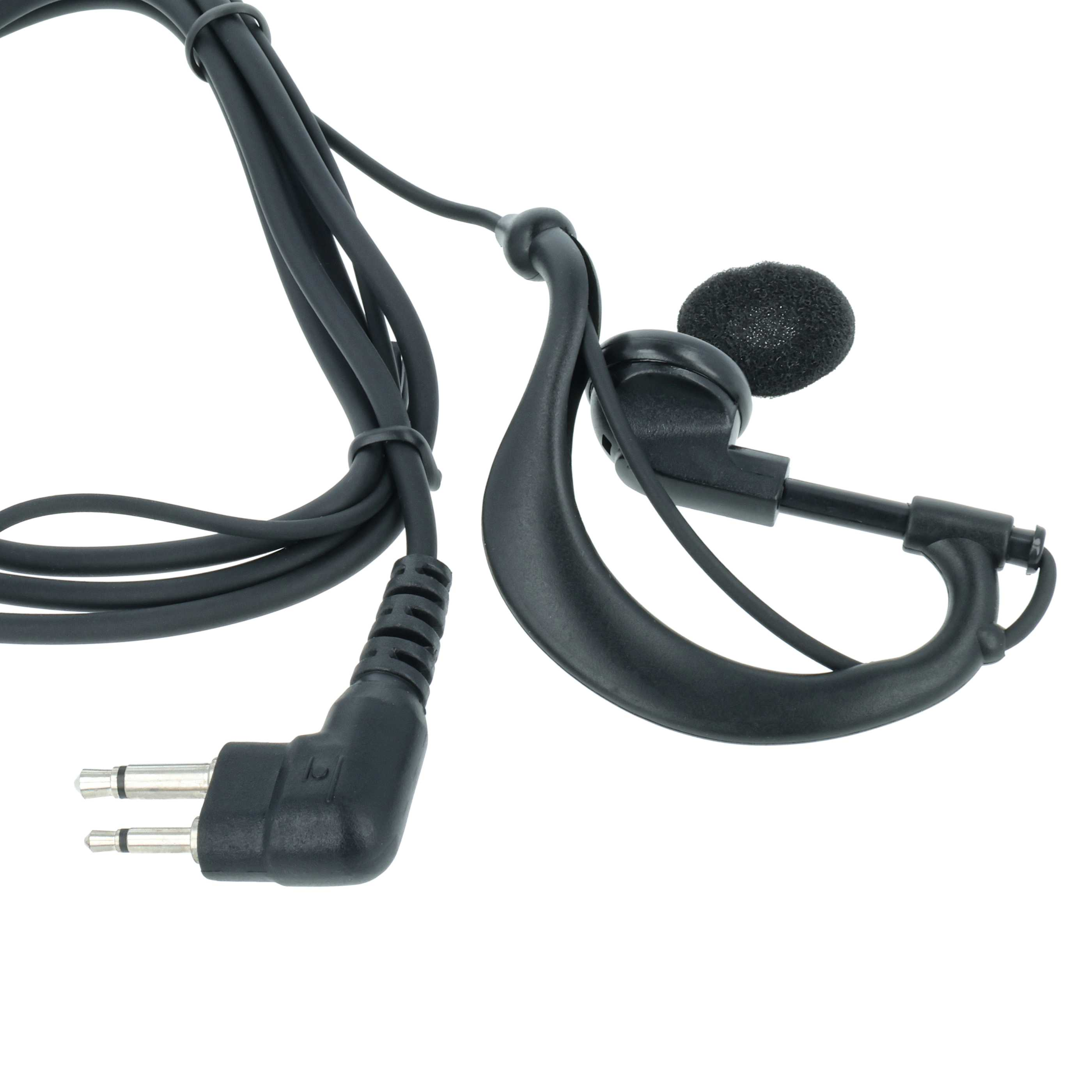 Ein schwarzes Headset mit Ohrbügel und Mikrofon, sowie einem abgewinkelten Stecker.