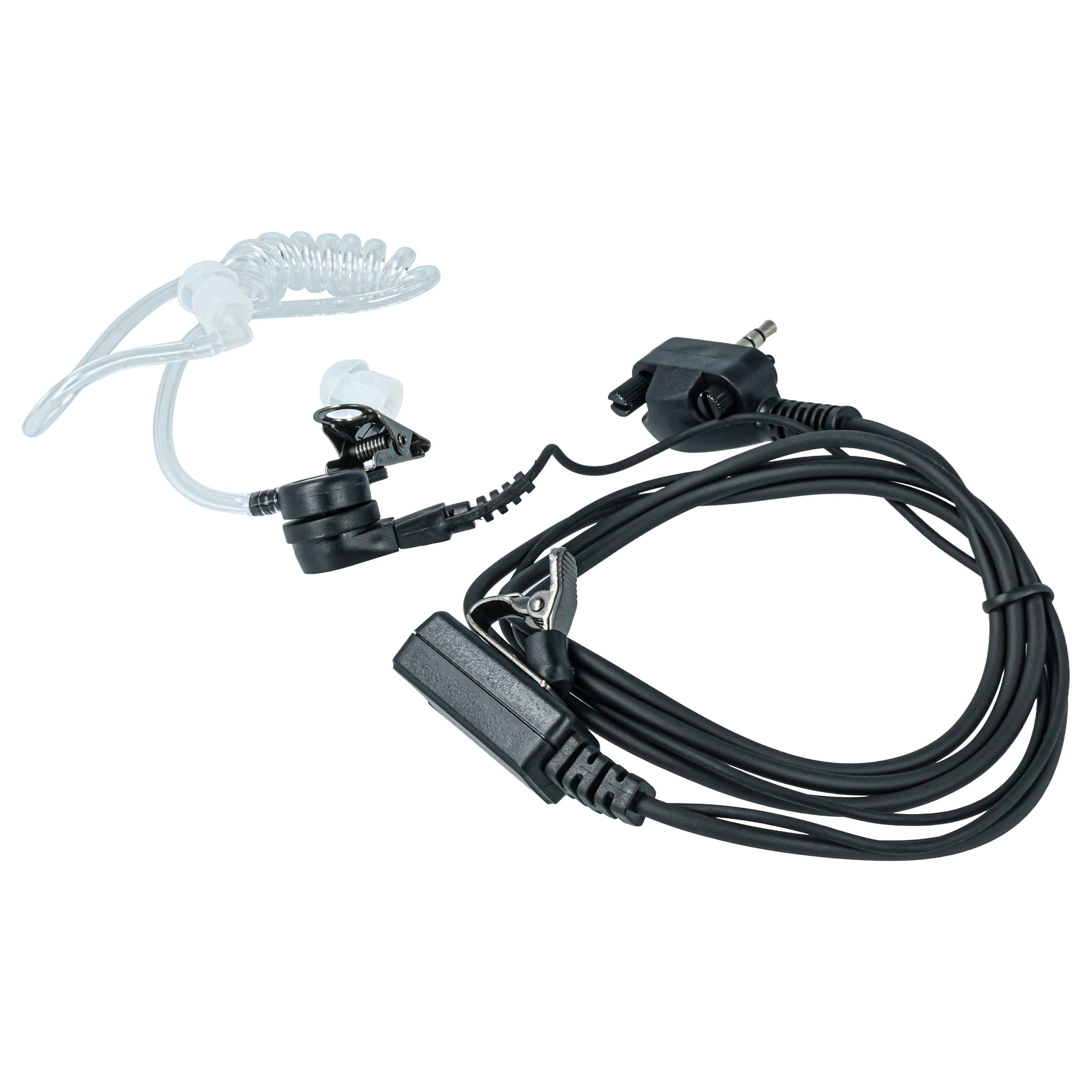 Ein schwarzes Headset mit transparentem Schlauch, Ohrstöpsel und Klemmbefestigung.