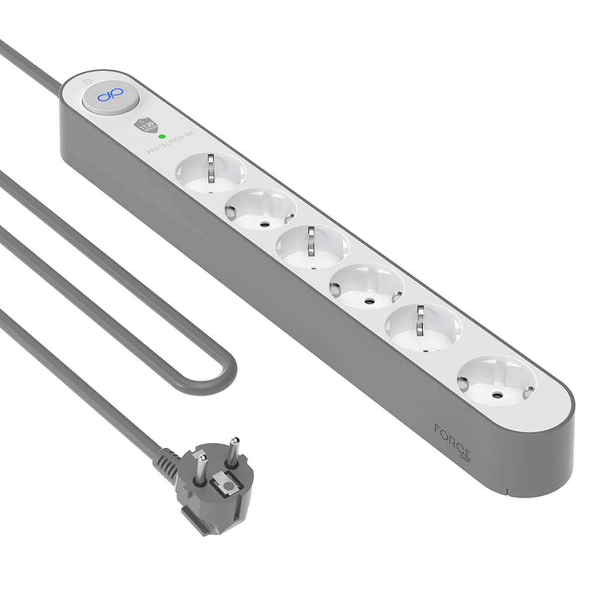 Grauer Mehrfachsteckdosenadapter mit fünf Steckplätzen und einem Stecker.