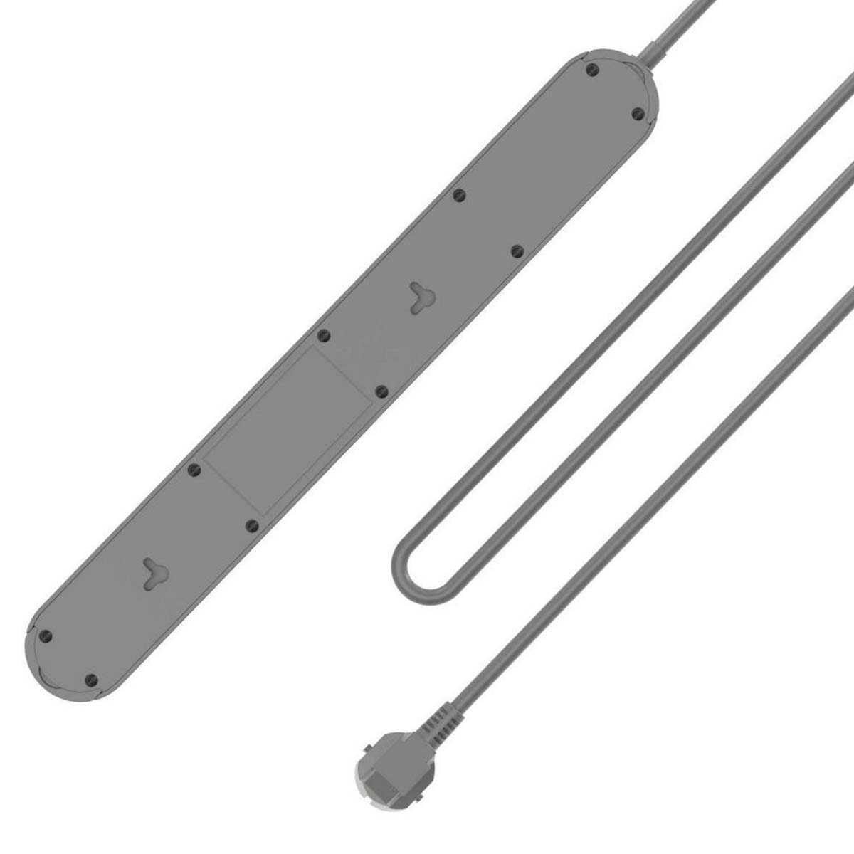 Graues Verlängerungskabel mit Steckdosenleiste und Stecker auf weißem Hintergrund.