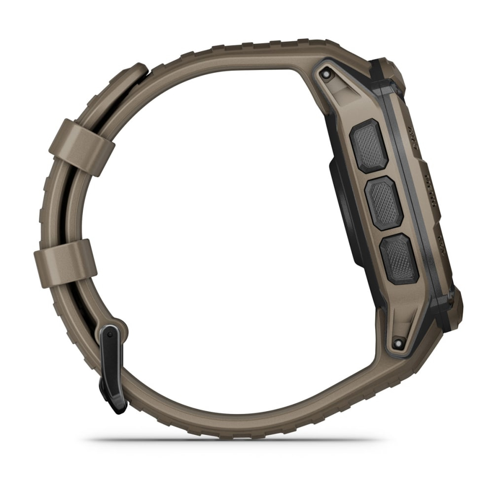 Brązowy smartwatch z trzema przyciskami bocznymi, na białym tle.