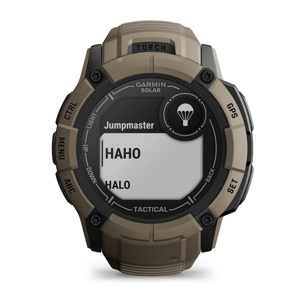 Beżowy zegarek taktyczny Garmin Jumpmaster z wyświetlonym HAHO i HALO.