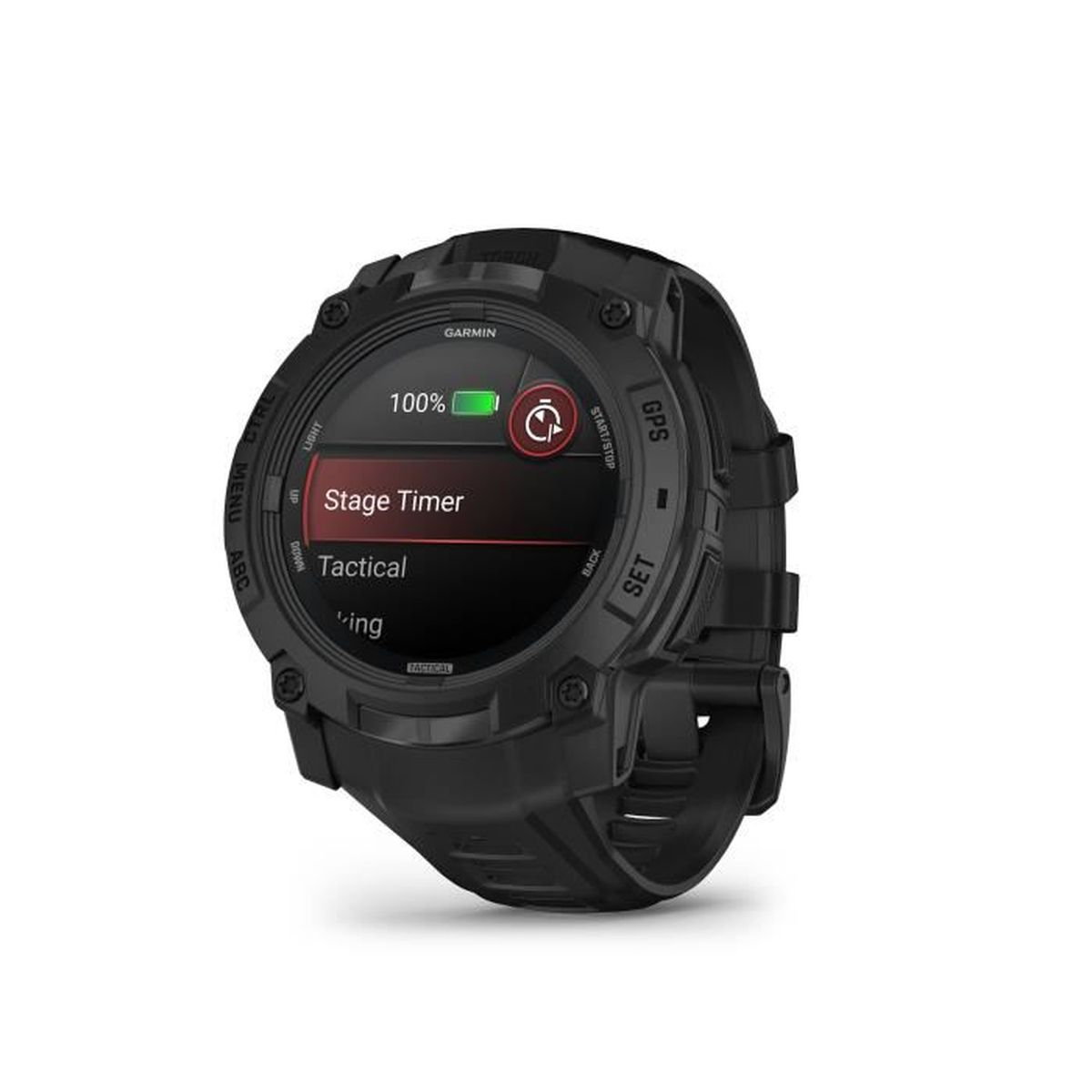 Czarny zegarek Garmin z 100% baterii, stoper, tryb taktyczny na ekranie.
