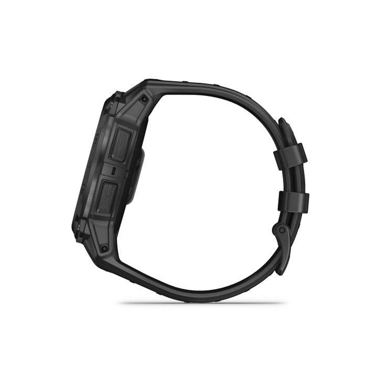 Czarny smartwatch z paskiem, widok z boku.