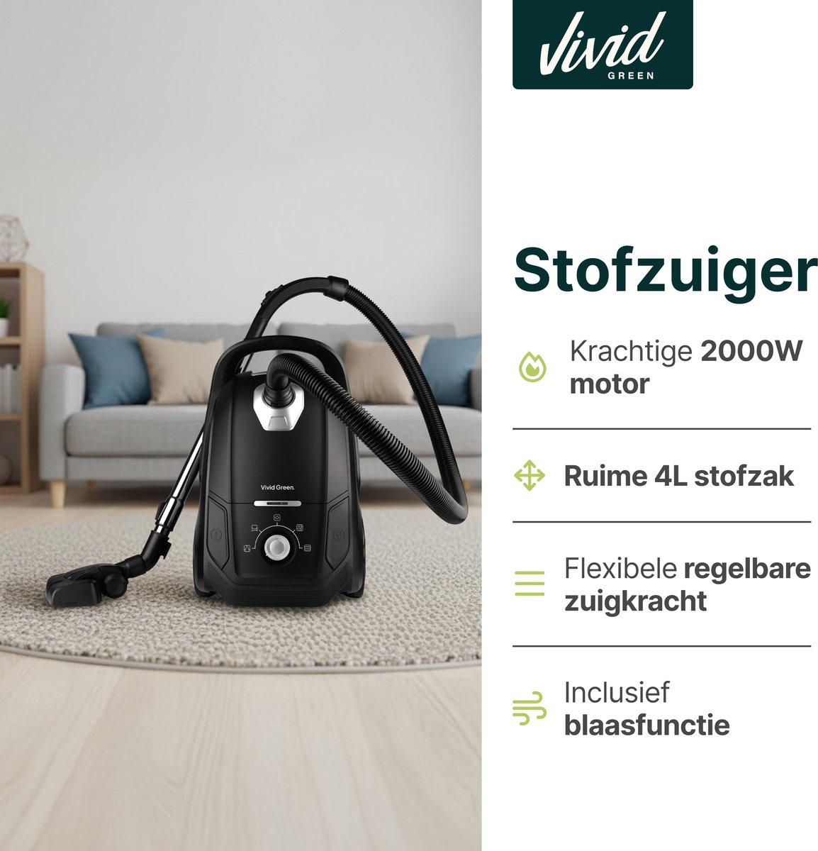 Black vacuum cleaner with hose and brush in front of a sofa.