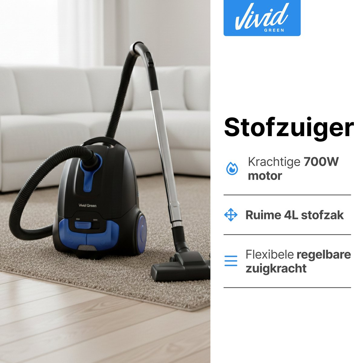 A black and blue vacuum cleaner sits on a carpet in front of a white sofa.