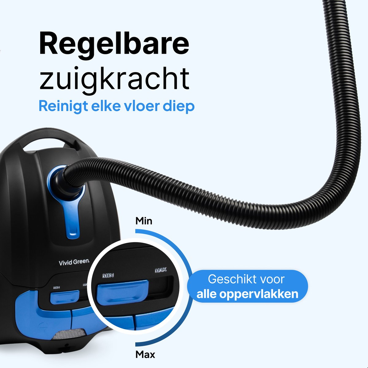Black vacuum cleaner with blue hose and controls, showing min/max settings.
