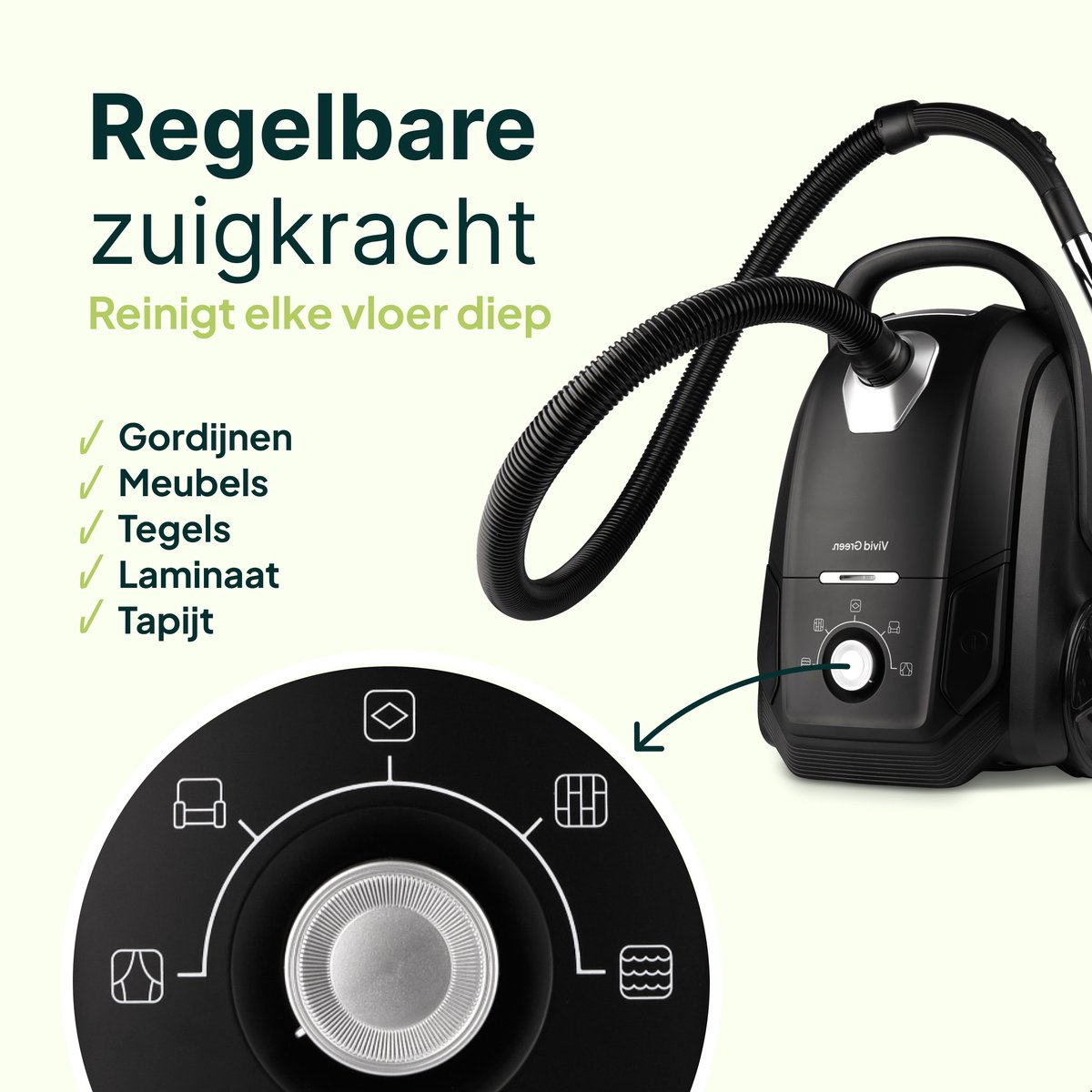 Black vacuum cleaner with hose and controls. Listing of surfaces. Adjustable suction.