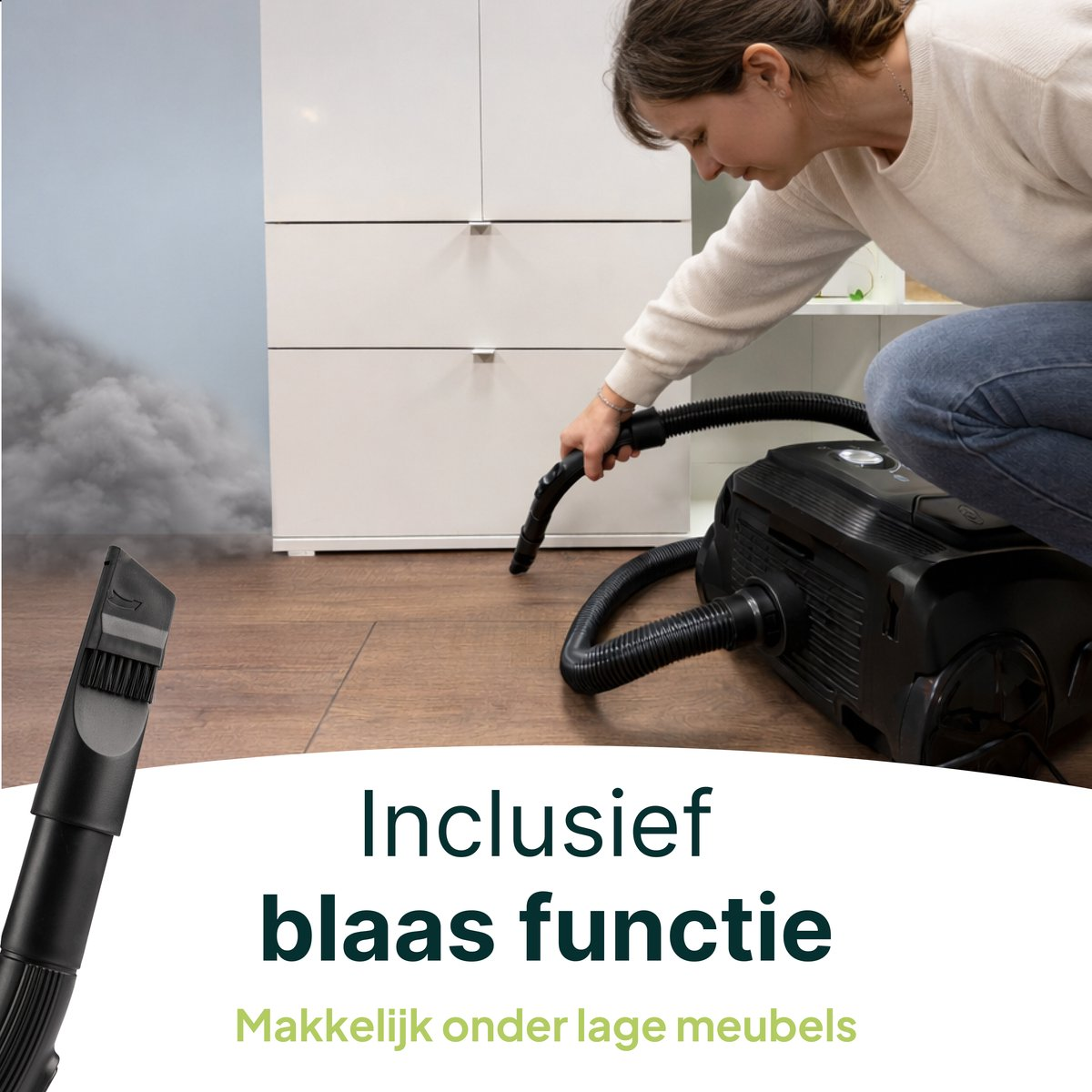 Woman vacuuming floor with black vacuum. Smoke rising on left.