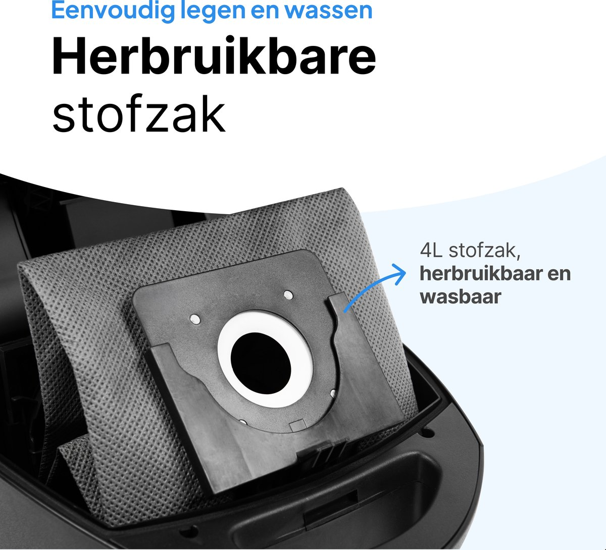 A grey reusable vacuum cleaner bag with a black connector, inside a vacuum cleaner.
