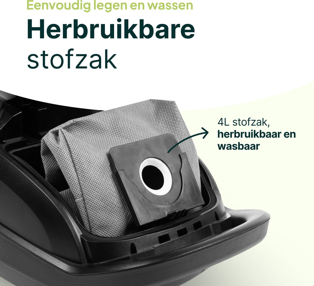 A gray fabric vacuum bag sits inside a black vacuum cleaner.