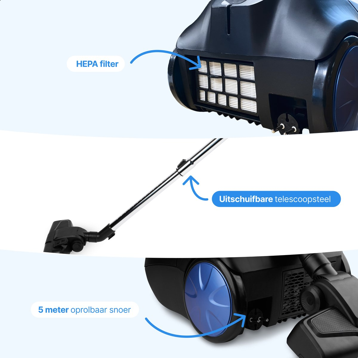 A vacuum cleaner featuring a HEPA filter, telescopic tube, and 5m cord.