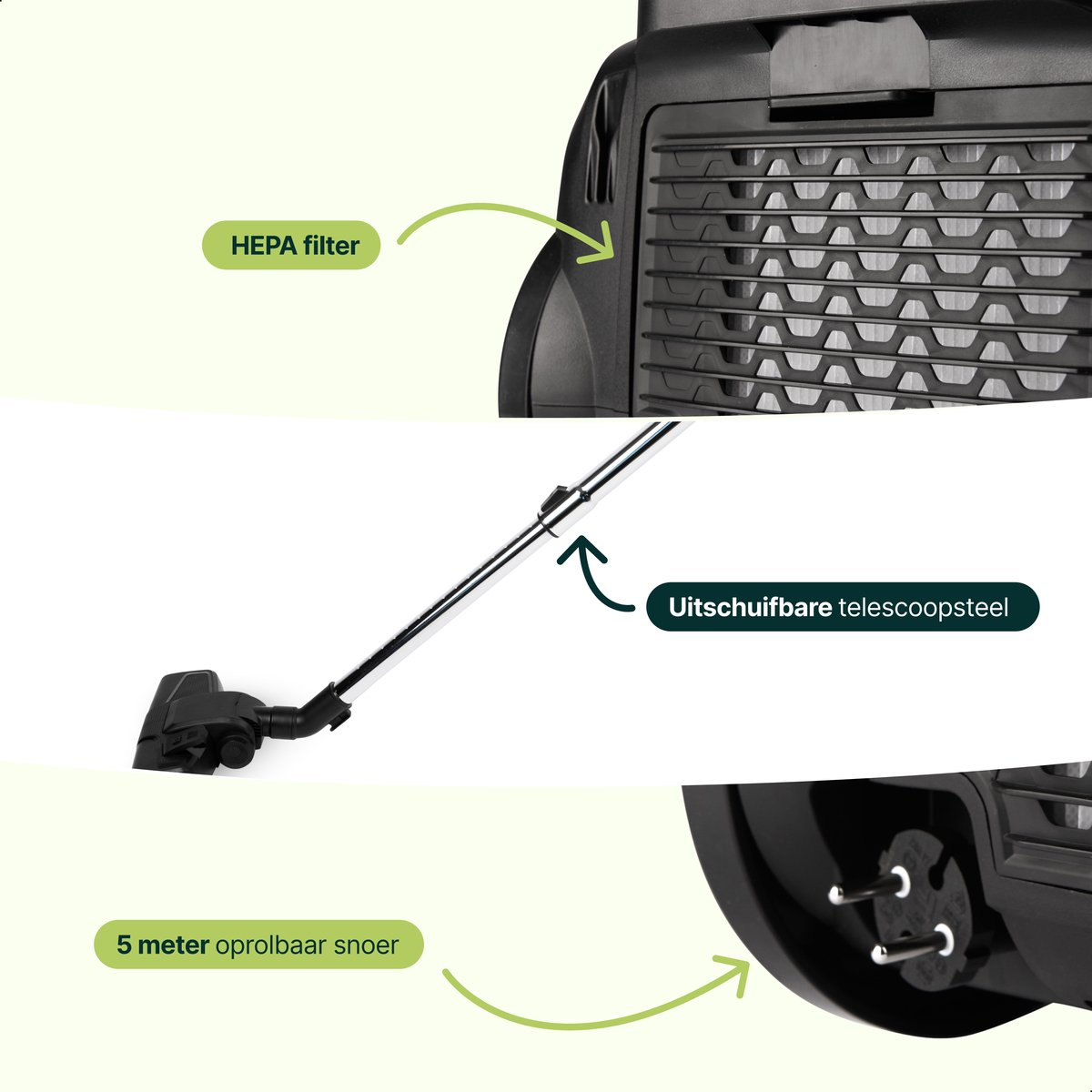Vacuum cleaner details: HEPA filter, telescopic handle, 5m cord, plug.