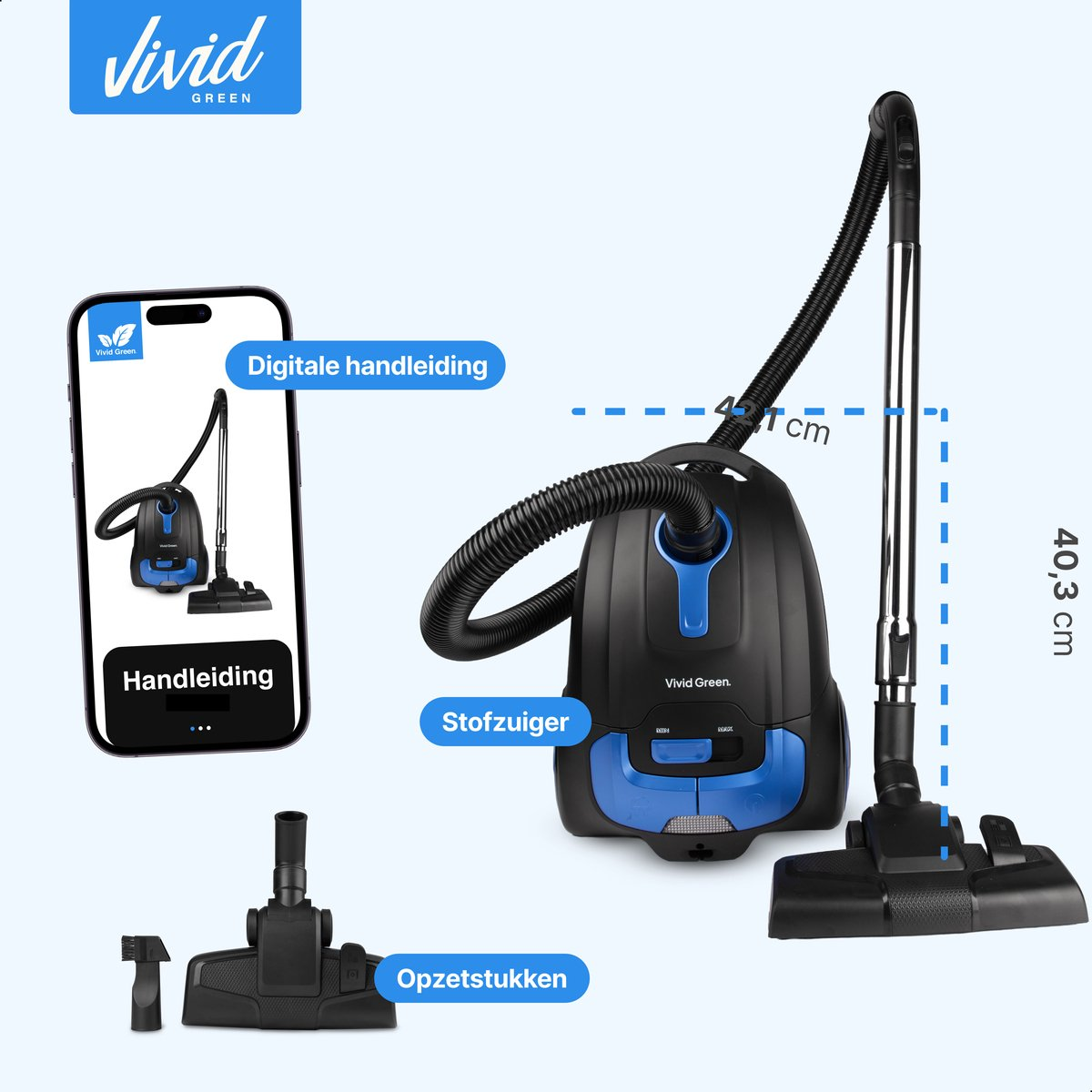 A blue and black vacuum cleaner with accessories and digital manual on phone.