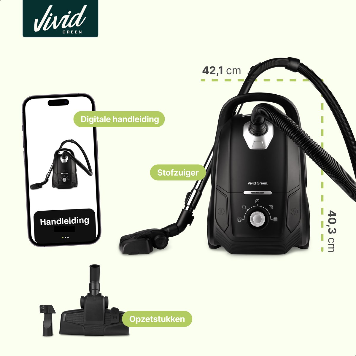 Black vacuum cleaner with accessories, dimensions, and manual on phone.