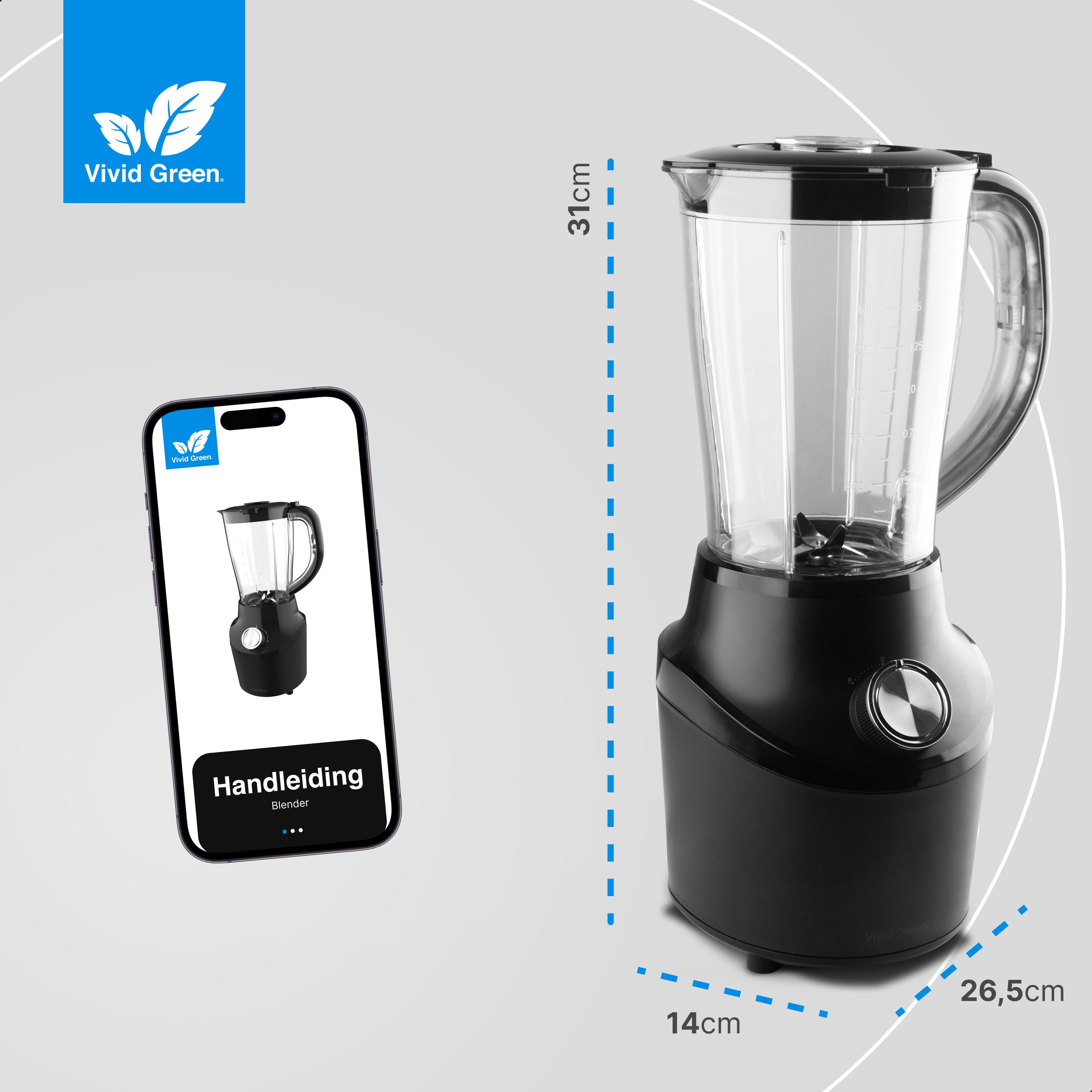 Zwarte blender, 31cm hoog, 14cm breed, 26,5cm diep.