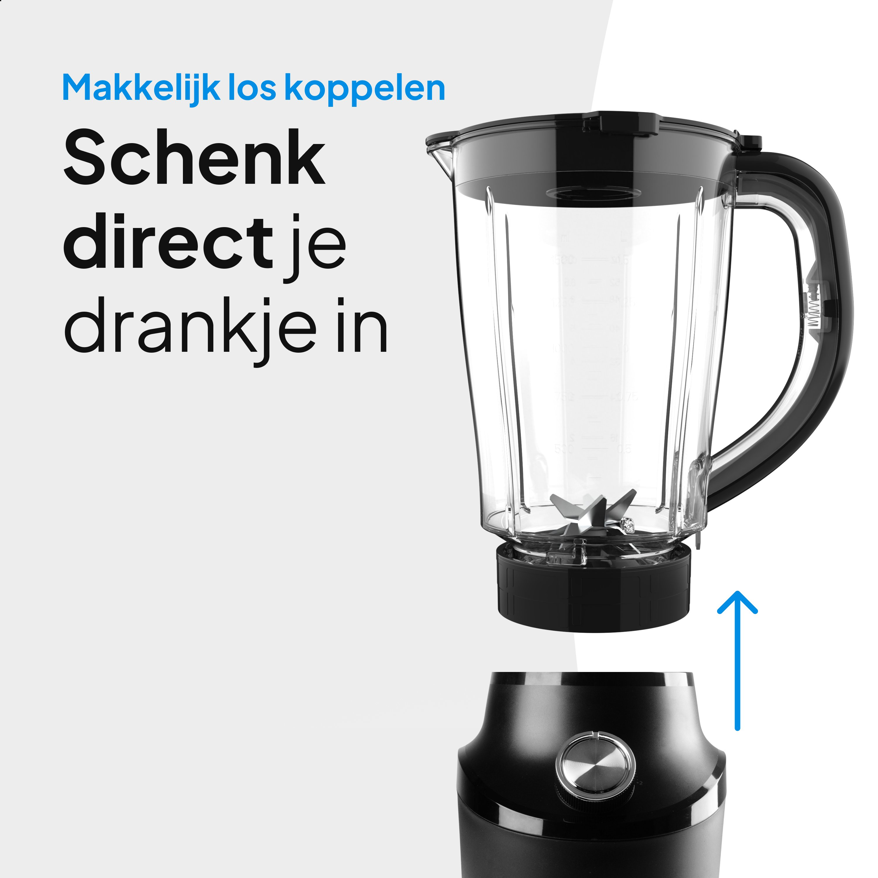 Zwarte blenderbasis met een blauwe pijl omhoog.