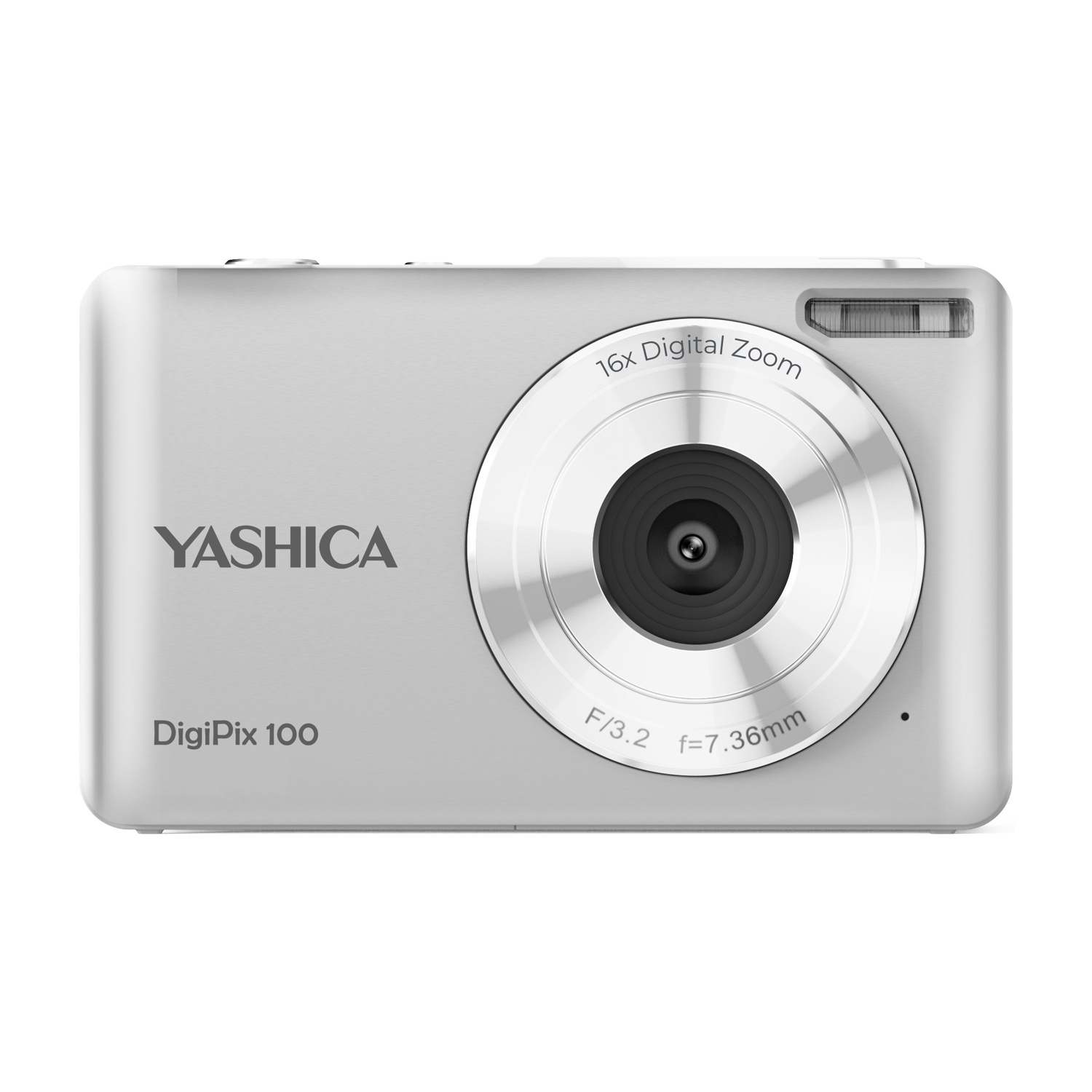 Silver digital camera with 16x digital zoom and Yashica logo.