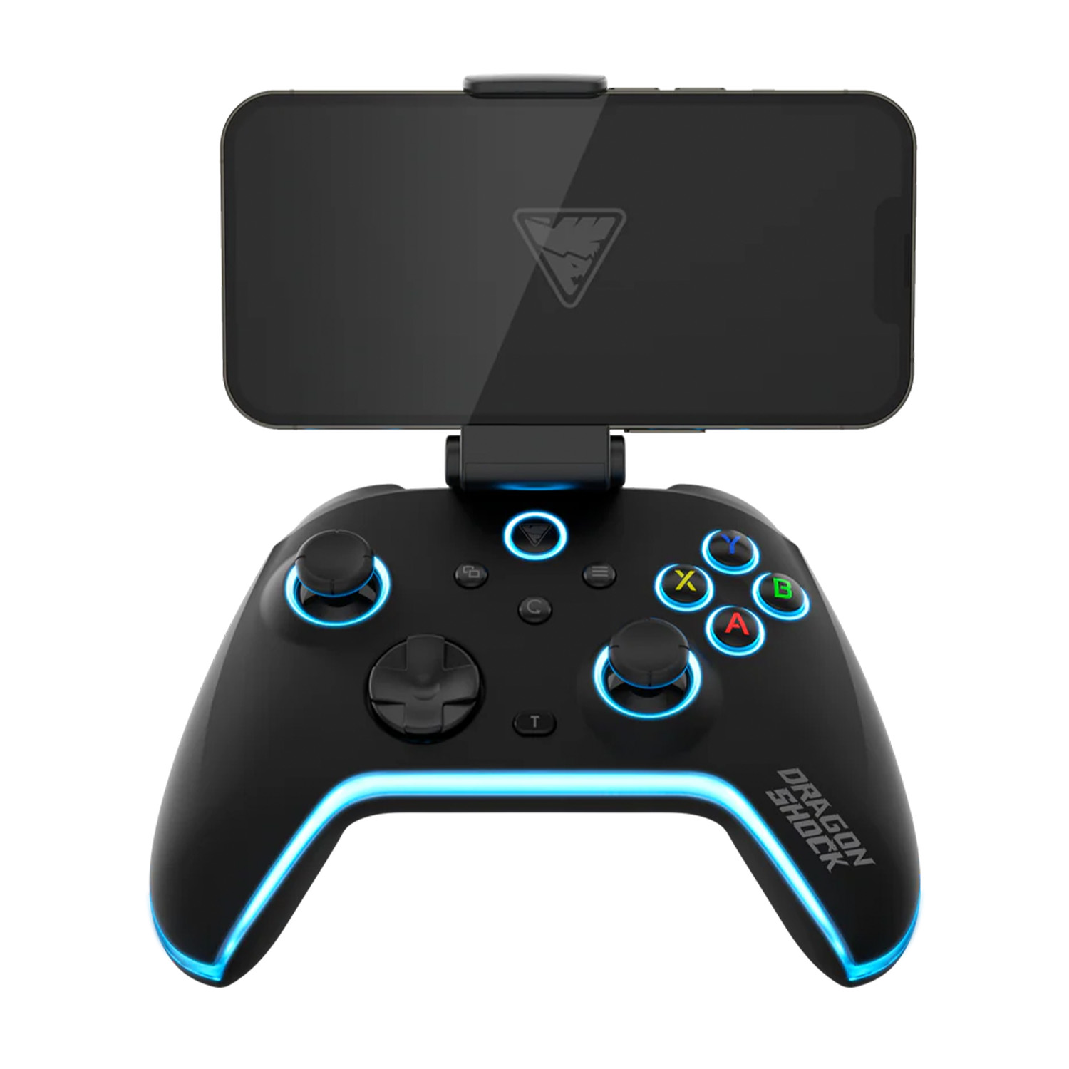 Schwarzer Controller mit blau beleuchteten Akzenten und daran befestigtem Smartphone.