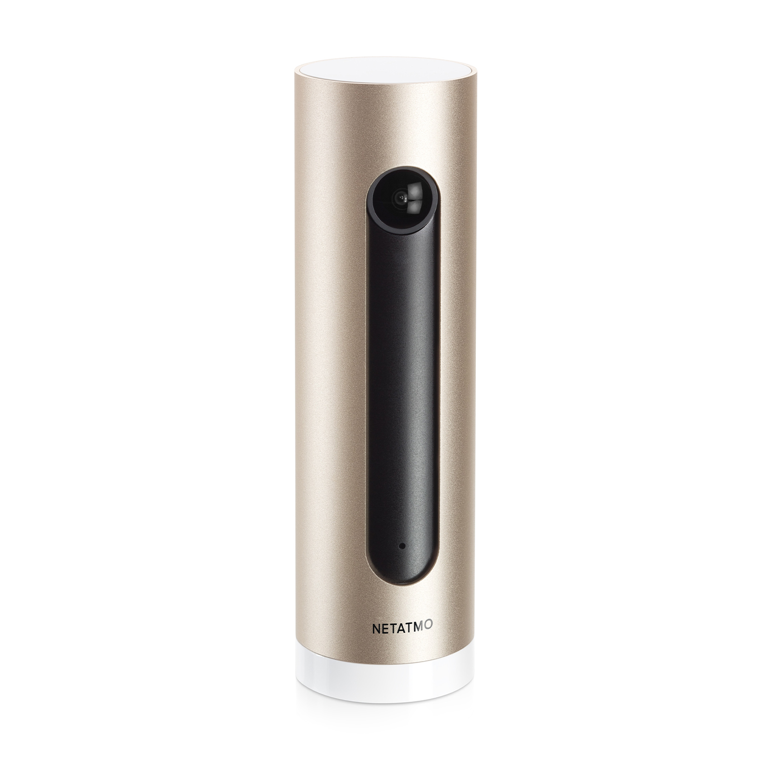 Un cylindre Netatmo doré avec caméra noire et base blanche.
