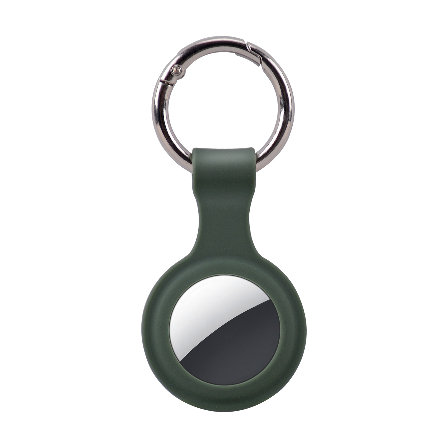 Funda verde oscura para AirTag con llavero plateado, aislada.
