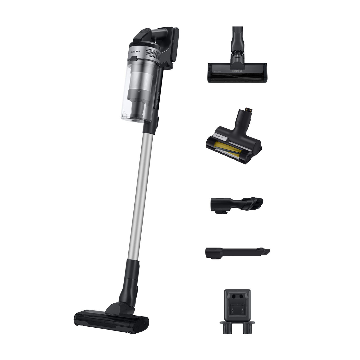 Un aspirateur sans fil Samsung avec accessoires, y compris des brosses et suceurs.