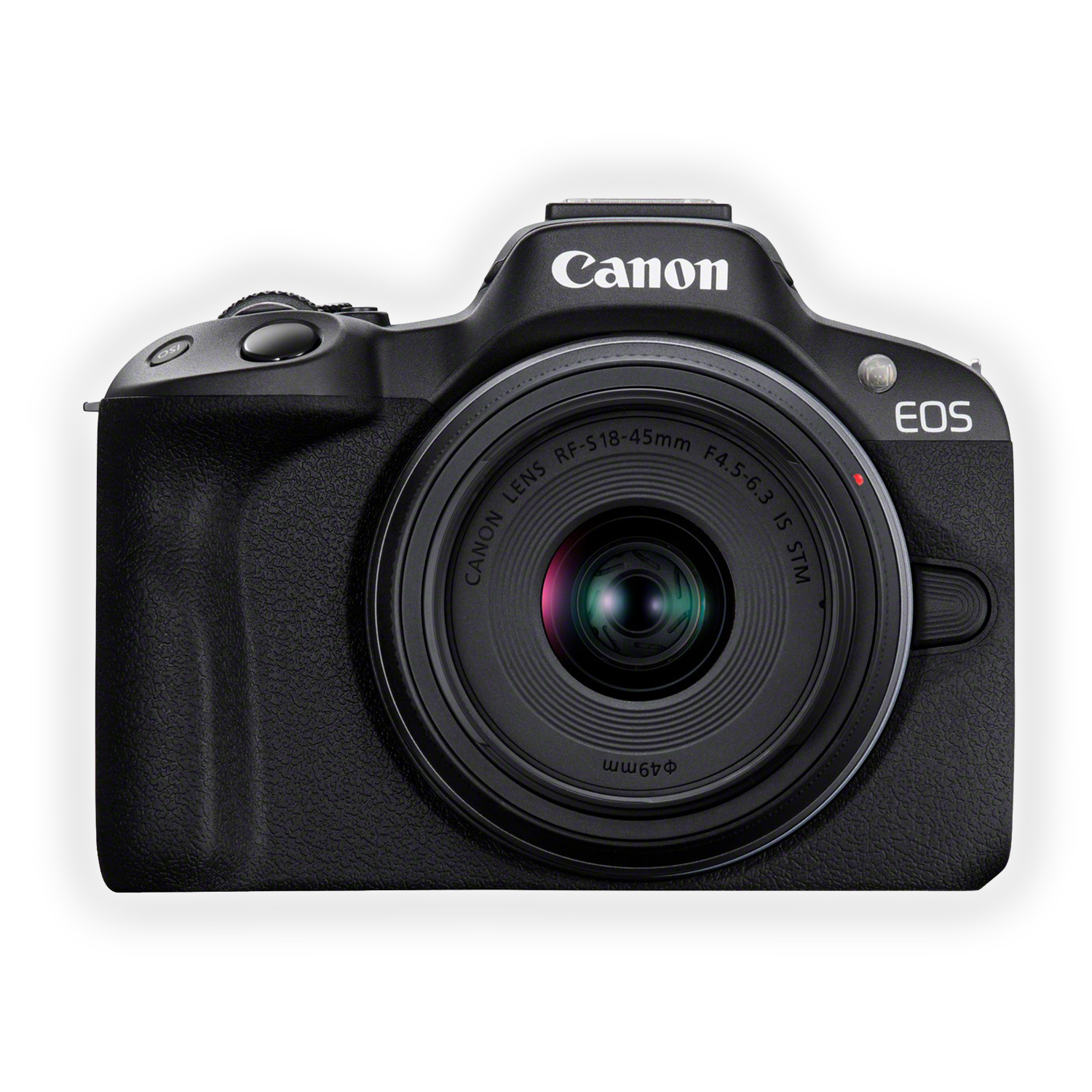 Schwarze Canon EOS Kamera mit RF-S 18-45mm Objektiv, auf schwarzem Hintergrund.