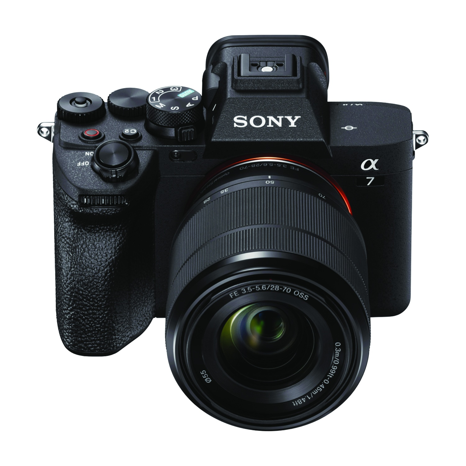 Schwarze Sony Alpha 7 Kamera mit angesetztem Objektiv.