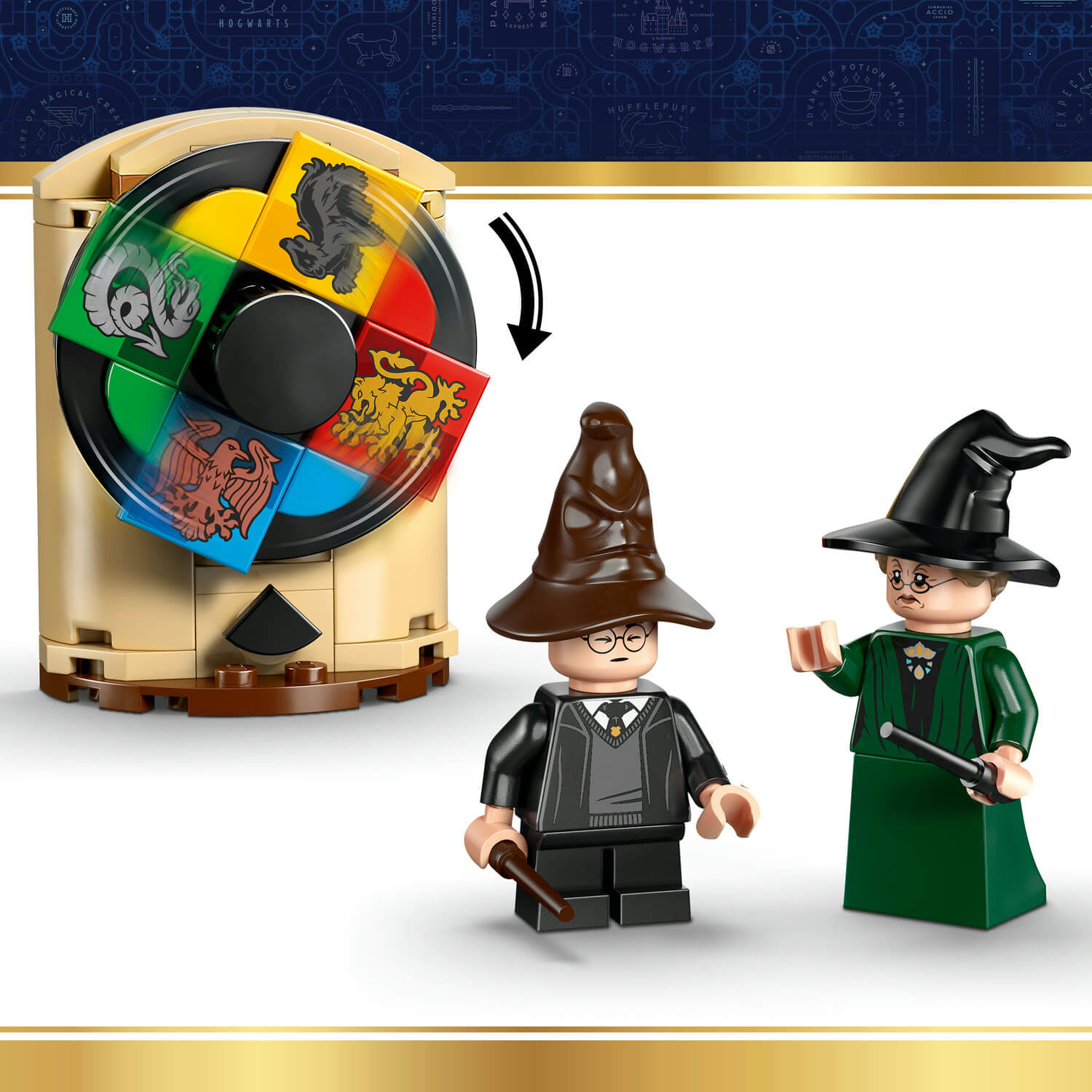 Lego Harry Potter figürleri dönen ev arması çarkıyla. Bir figür kahverengi şapka, diğeri siyah şapka takıyor.