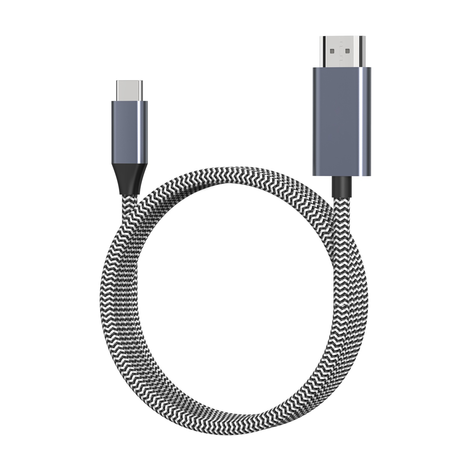 Un cavo da USB-C a HDMI con connettori grigi e motivo a zigzag bianco e nero.