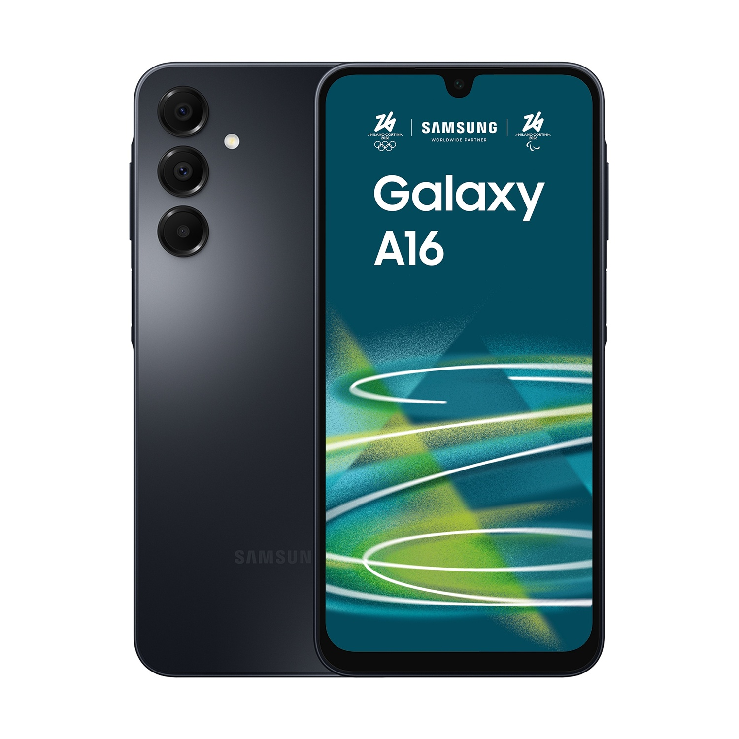 Smartphone Samsung Galaxy A16 grigio scuro con tripla fotocamera e schermo intero.