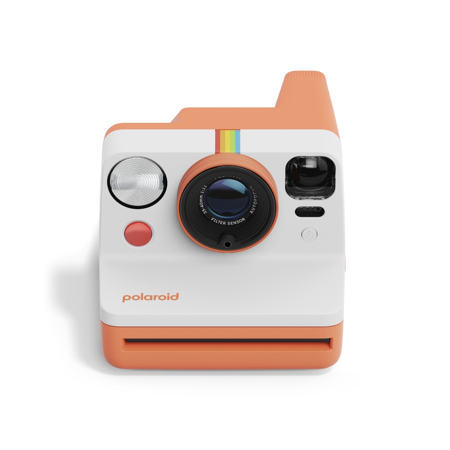 Pomarańczowy i biały aparat natychmiastowy Polaroid z tęczowymi paskami.