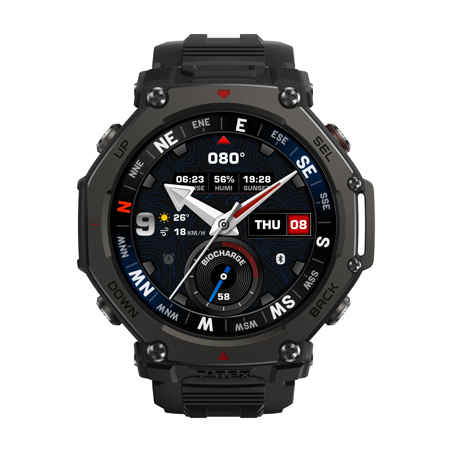 Une montre connectée noire affiche l'heure, la date, la température et la boussole sur fond de carte topographique bleue.