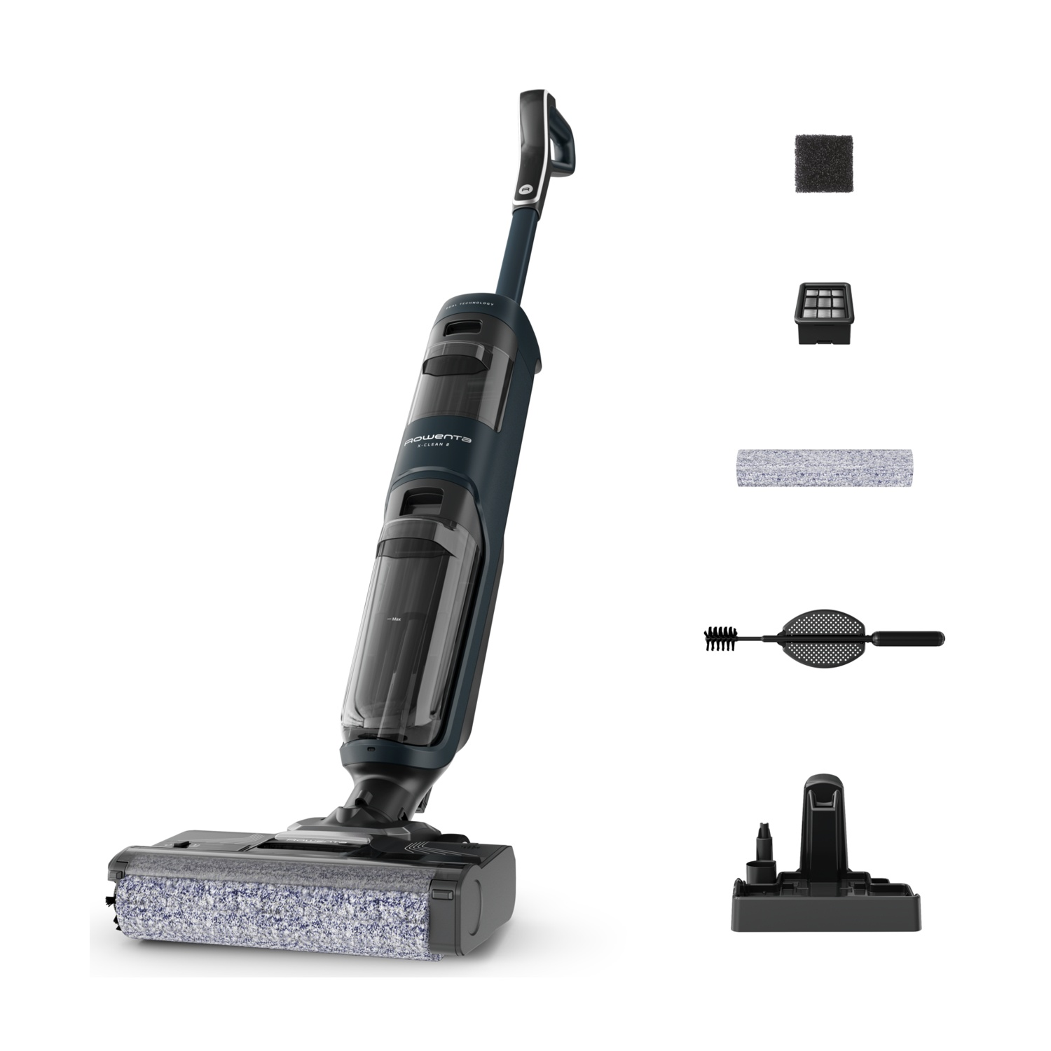 Ciemnoniebieski odkurzacz z akcesoriami do czyszczenia na białym tle.