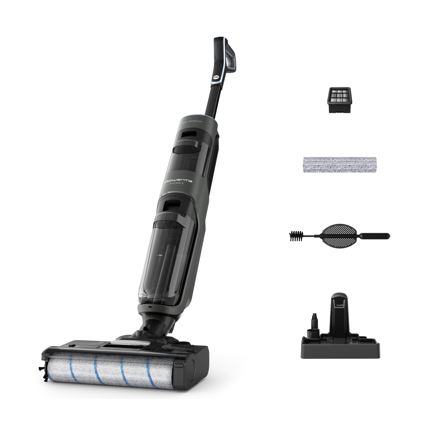 Szary odkurzacz do pracy na mokro i sucho z akcesoriami, na białym tle.