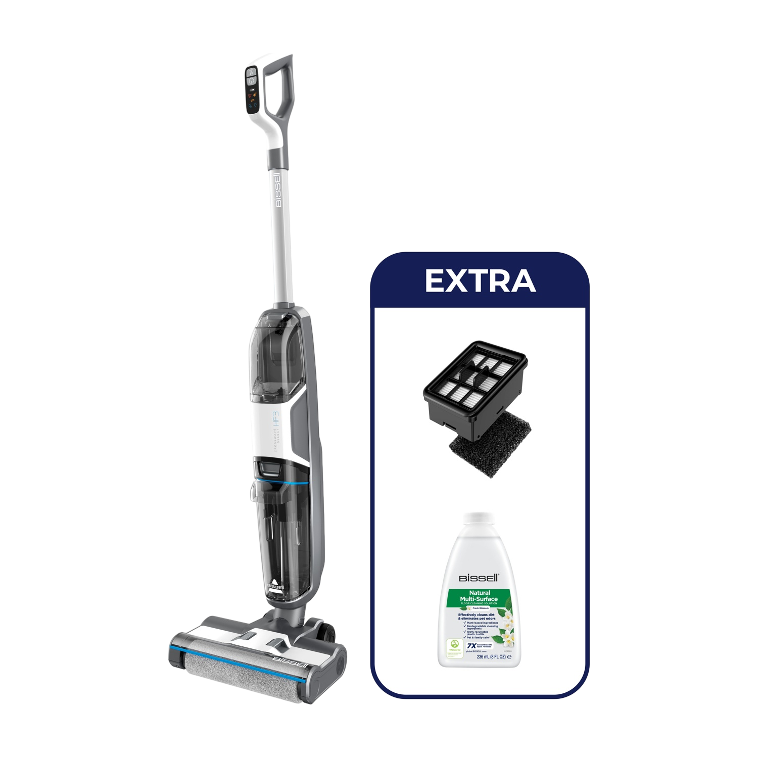 Odkurzacz Bissell z akcesoriami: filtr i płyn czyszczący.