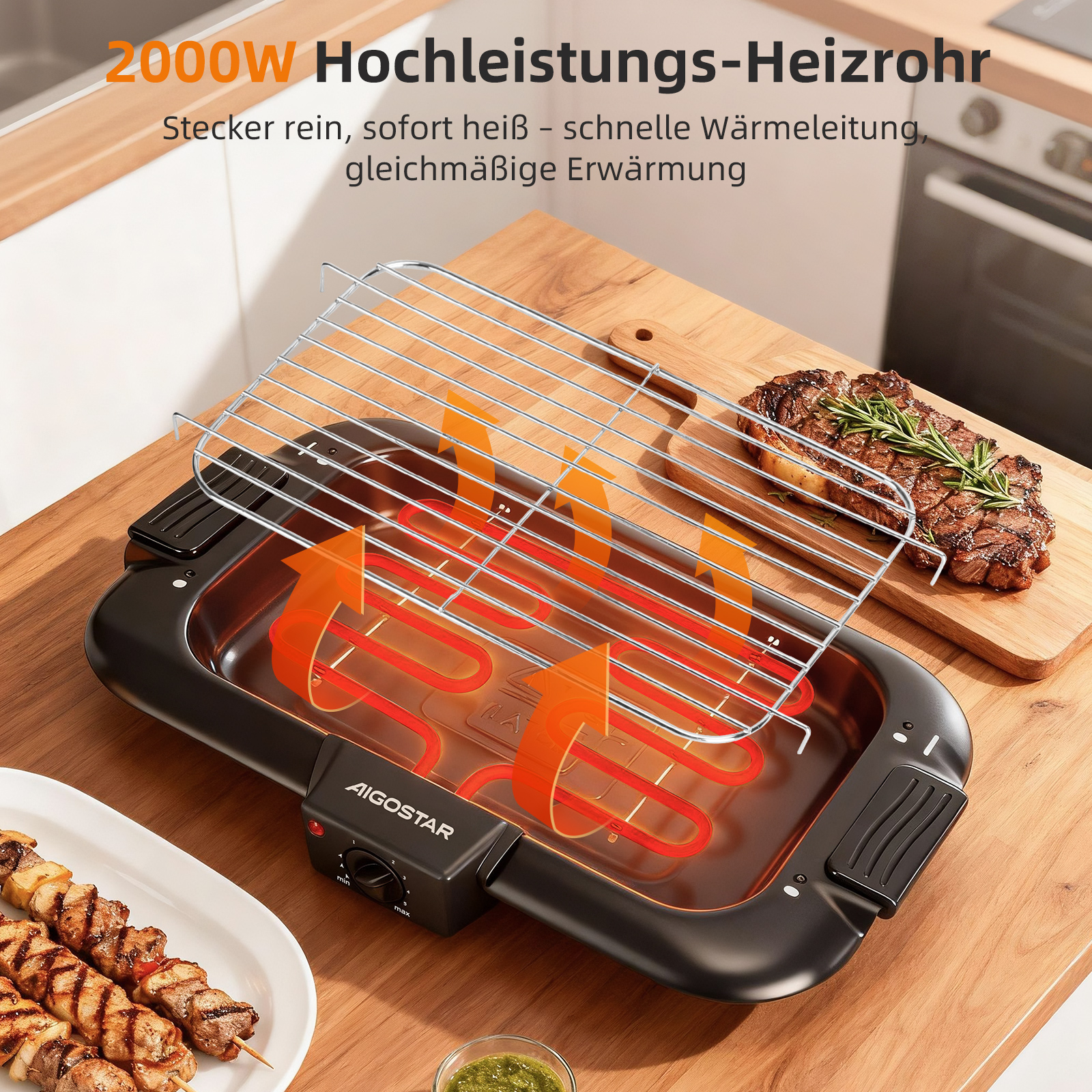 Elektrische Grillplatte mit Heizspiralen, Grillgut und Spießen.
