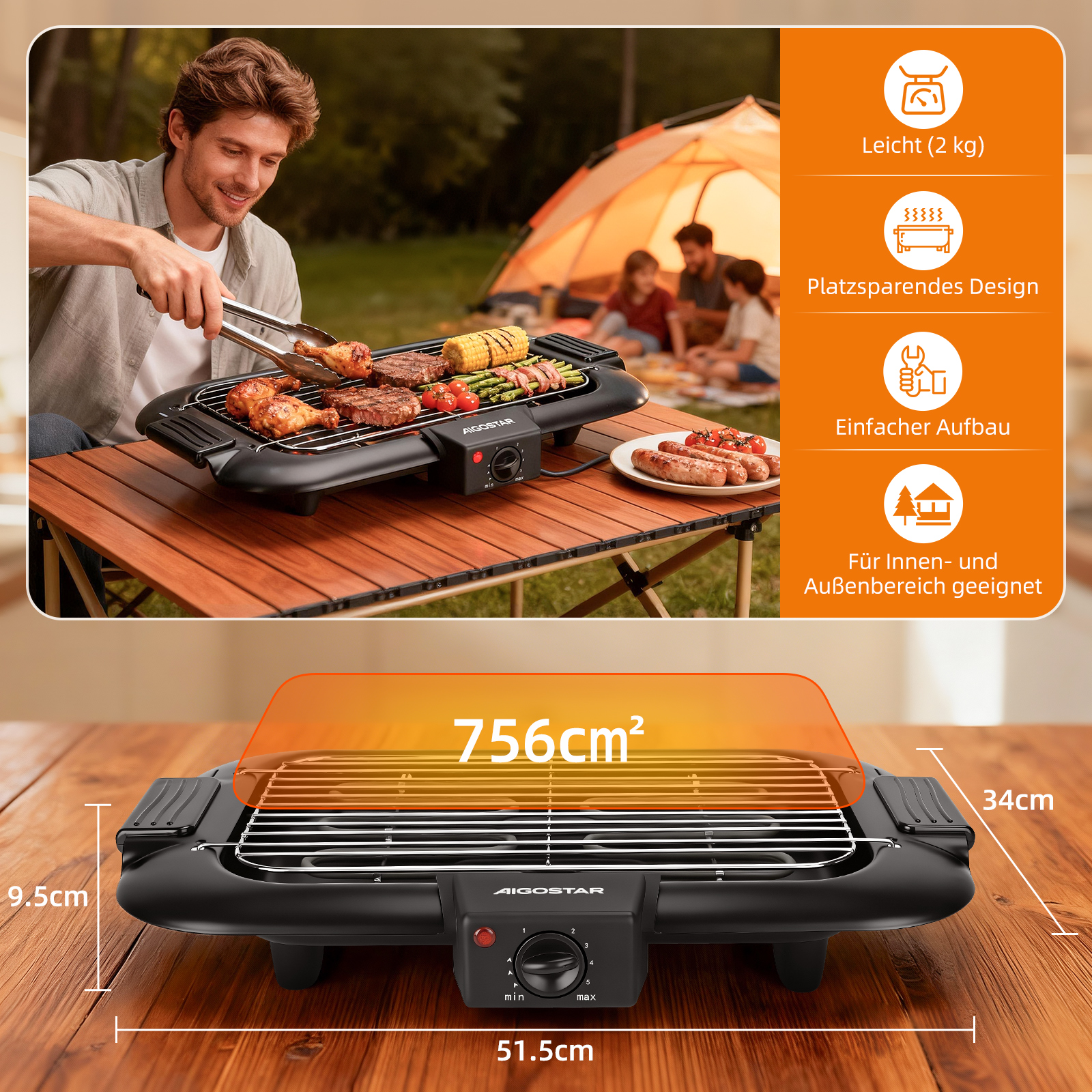 Mann grillt Essen im Freien neben einem Zelt. Grillmaße sind angegeben.