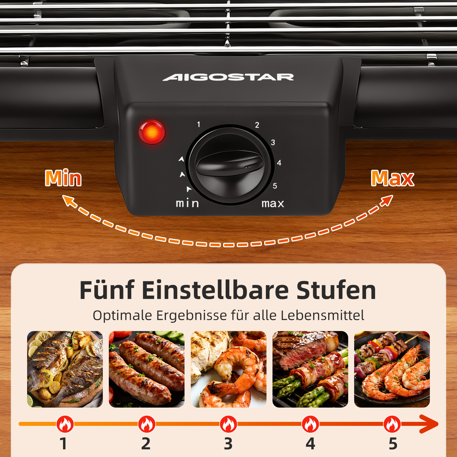 Ein Aigostar Grill mit 5 Heizstufen und verschiedenen Speisen.