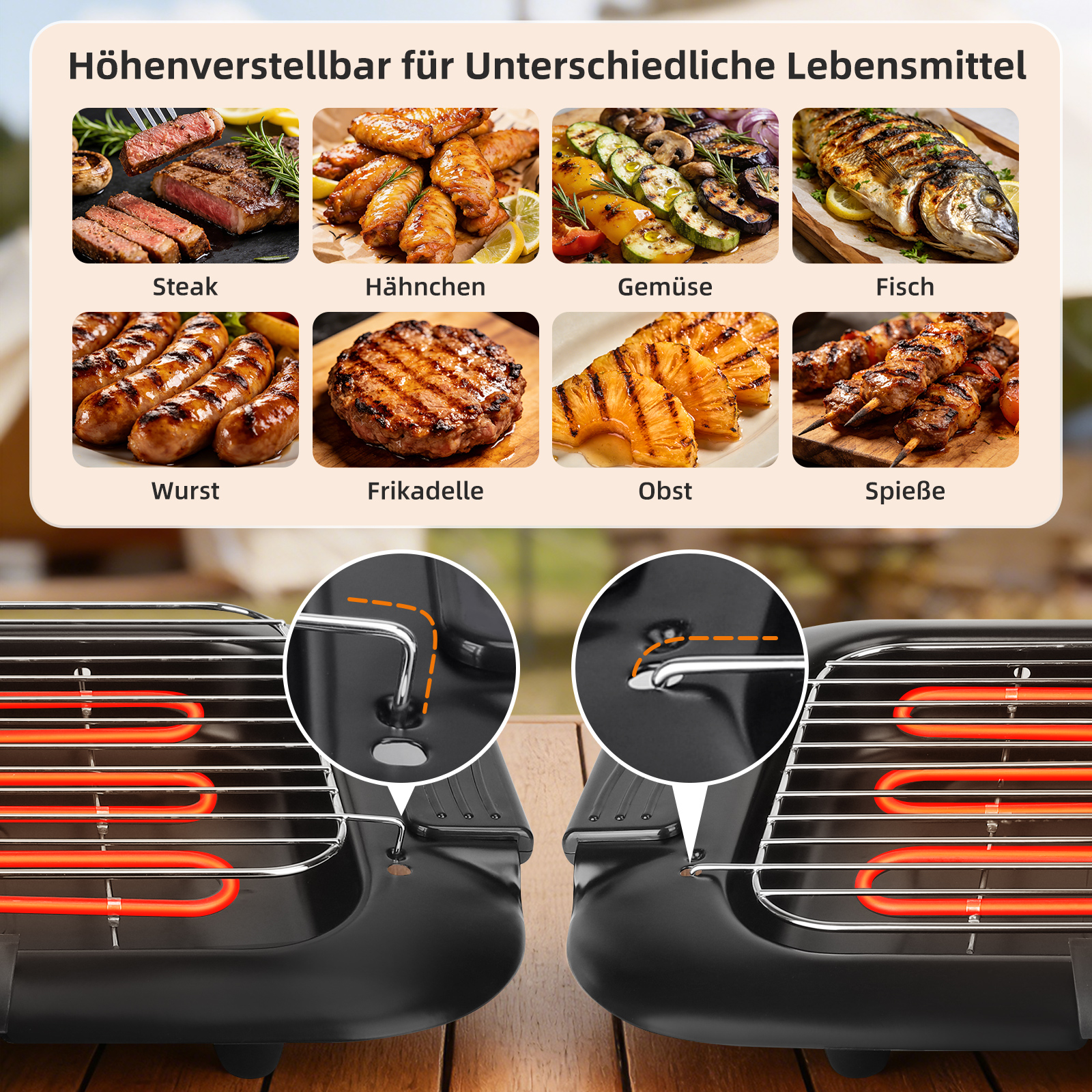 Grill mit verschiedenen Lebensmitteln und Nahaufnahmen der Höhenverstellung.