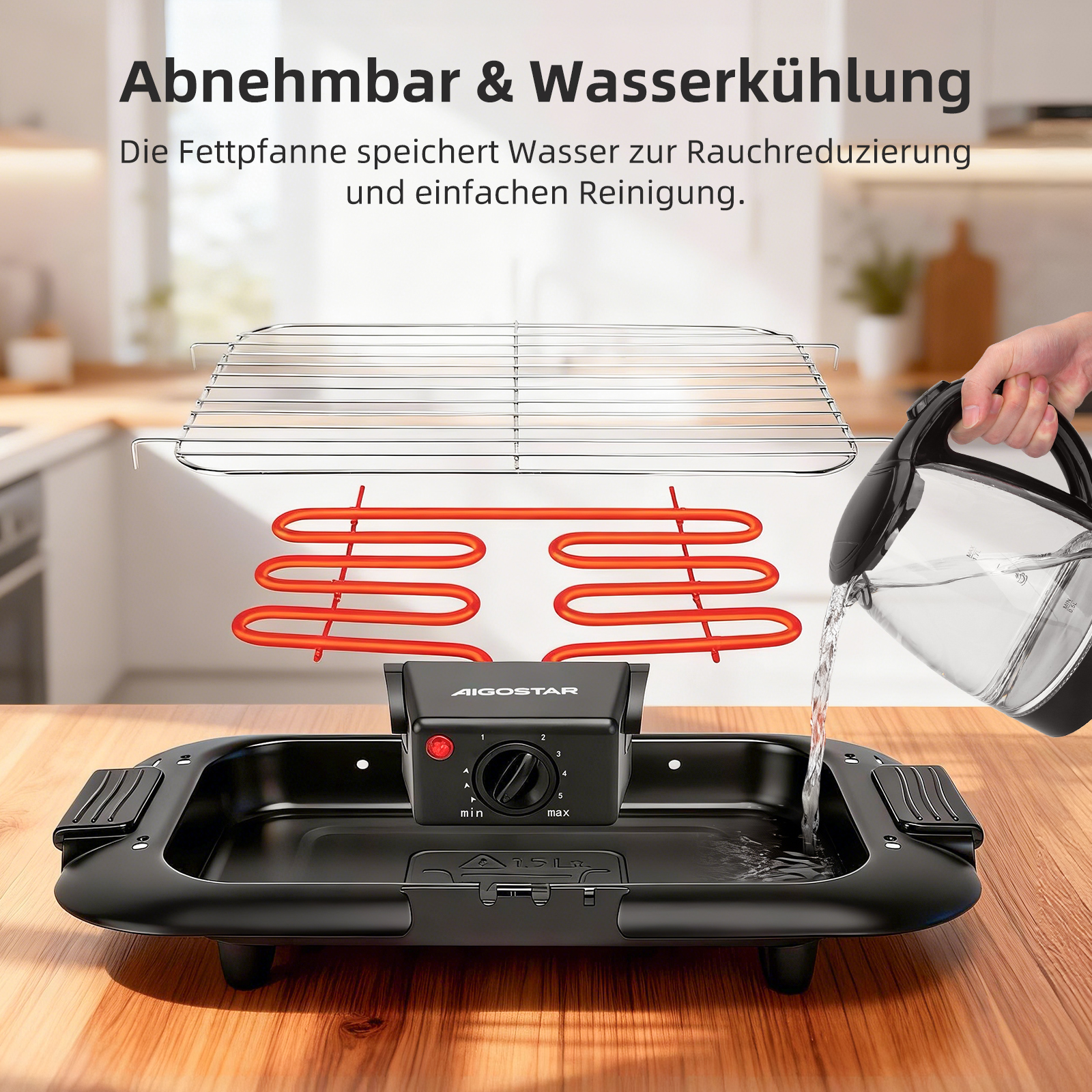 Ein Elektrogrill mit abnehmbarem Rost, Heizspiralen und einem Wasserbehälter.
