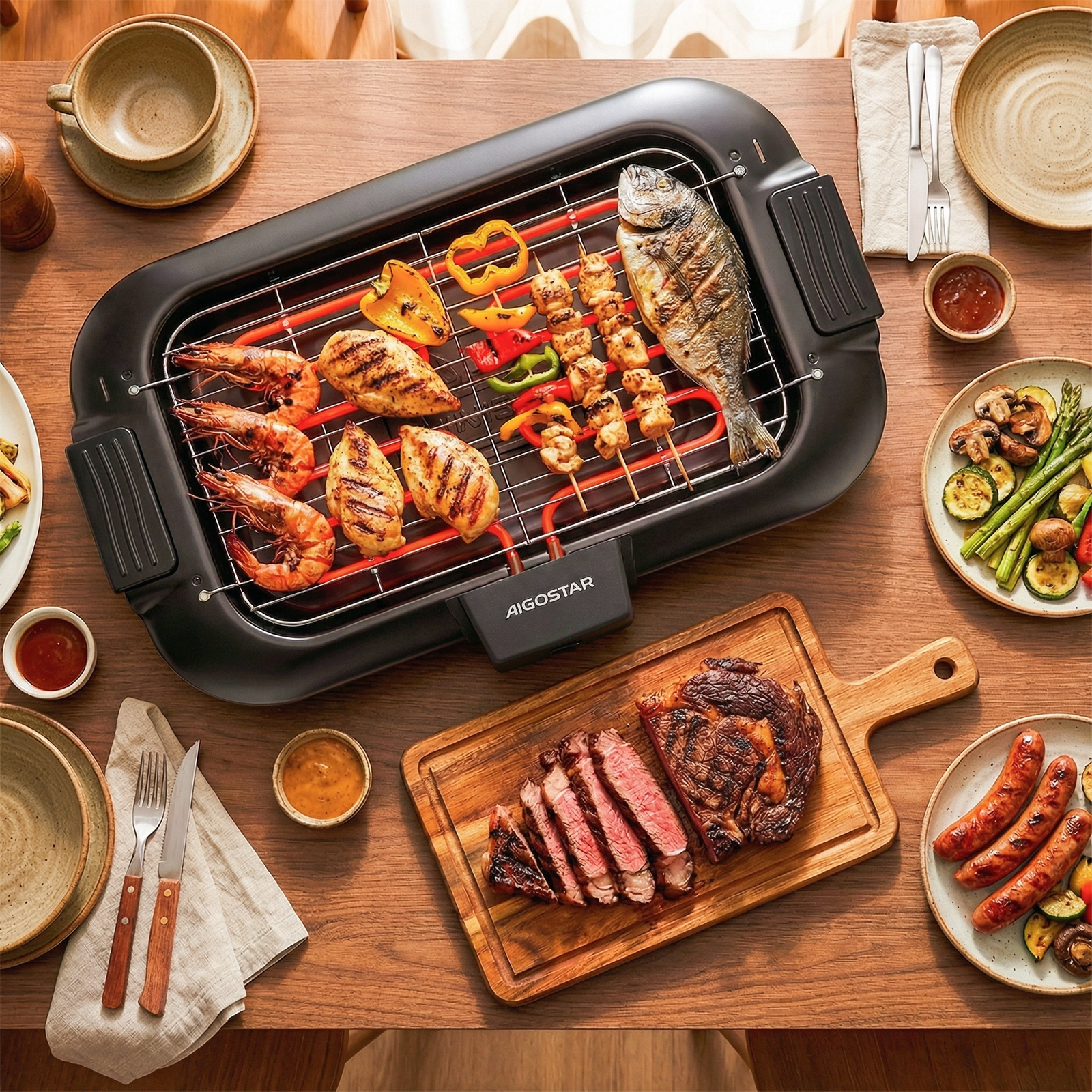 Elektrischer Grill mit Garnelen, Hühnchen, Fisch, Spießen und Steak.