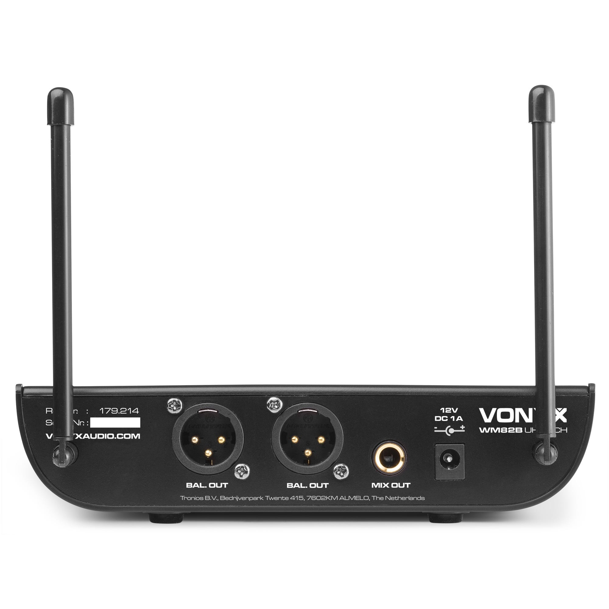 Back of a black wireless receiver with ports, antennas, and labels.