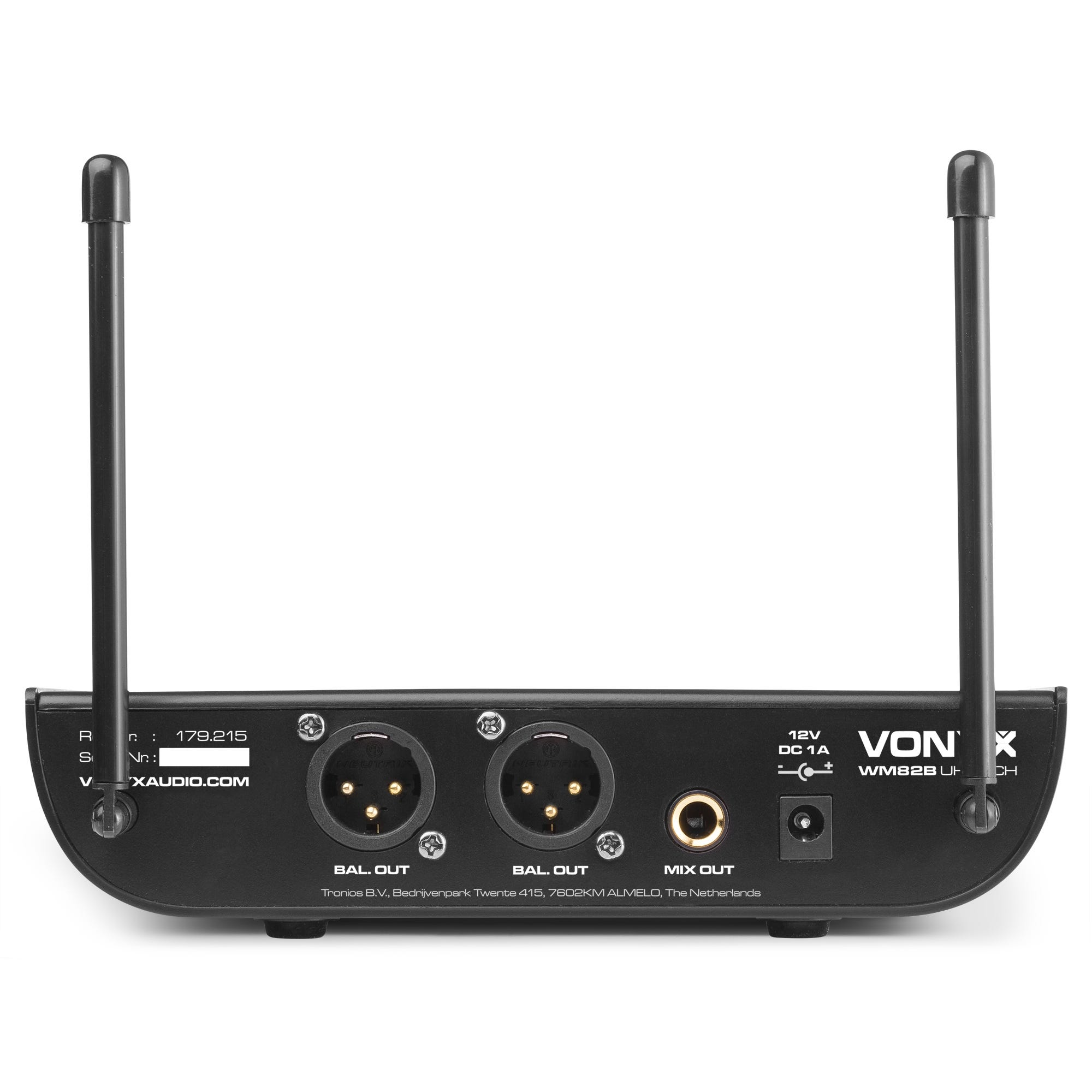 Back of a black audio device with two XLR outputs and antennas.