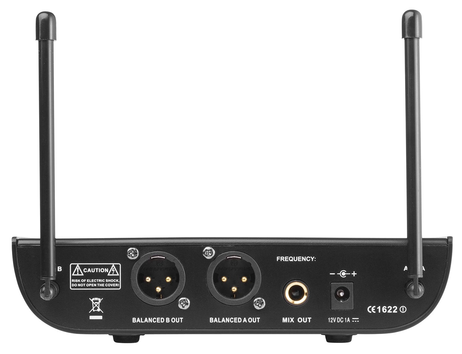 Rear of audio device with connectors, antennas, and caution labels.