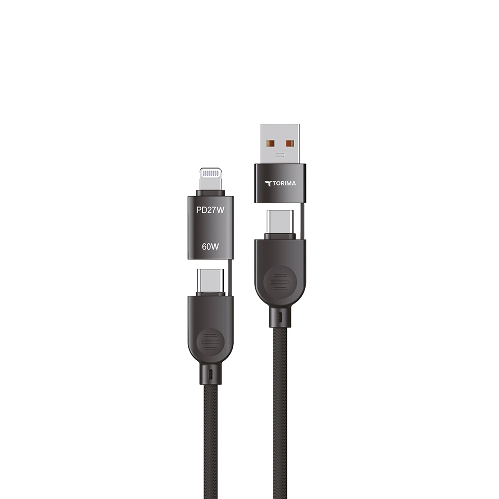 TORIMA U17 4'ü 1 Arada, Type-C To Type-C And Ligthning -USB Çoklu Değiştirilebilir Başlıklı 100 CM Şarj ve Data Kablosu Siyah