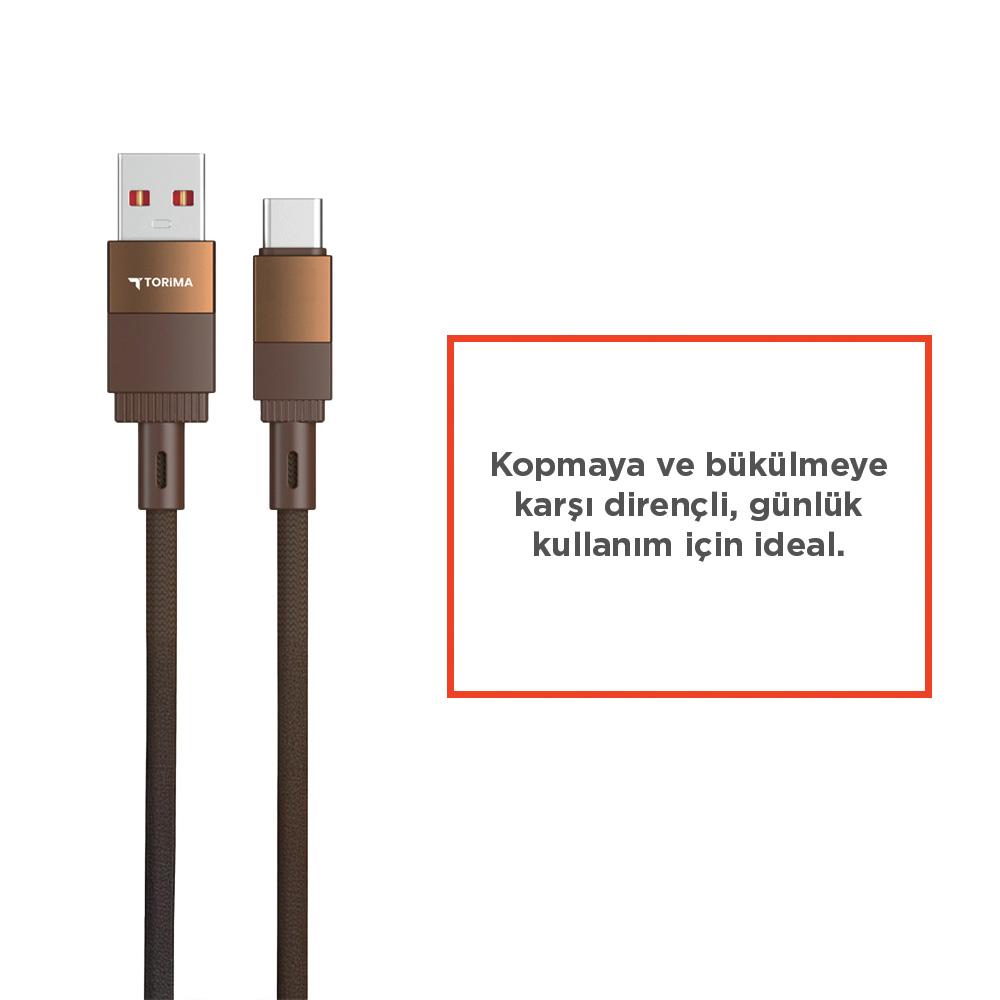 İki kahverengi şarj kablosu, biri USB-A, diğeri USB-C konnektörlü.